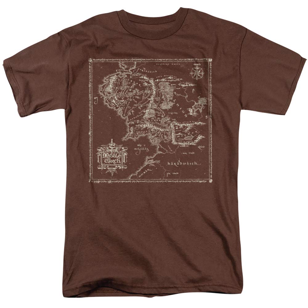 The Lord of The Rings Middle Earth Map T-Shirt - Unisex Adult Tee for Men & Women (Coffee, Large) | Fantasy Gift for LOTR Fans, Cosplay & Movie Merchandise