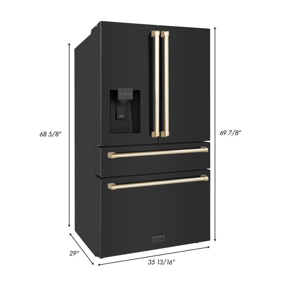 ZLINE Autograph Edition 36 Inch Counter Depth French Door Refrigerator - 21.6 cu. ft. Capacity, Fingerprint Resistant Black Stainless Steel with Polished Gold Handles, Built-In Water and Ice Dispenser (RFMZ W 36 BS G) - Perfect for Modern Kitchens, Open-Concept Homes & Entertaining Spaces
