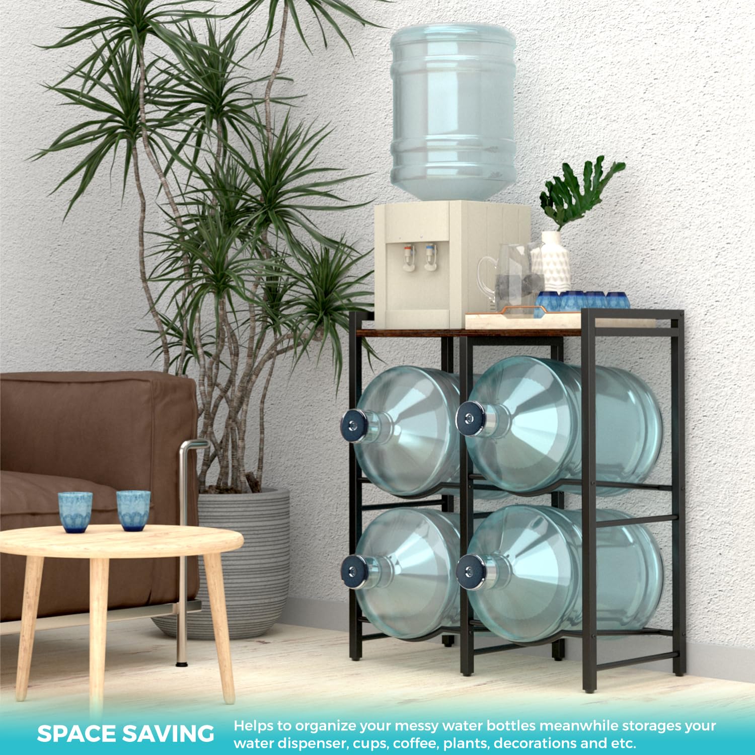 5 Gallon Water Jug Holder Stand for 4 Bottles - Heavy Duty Rustic Brown Wood Top Shelf Water Dispenser Organizer - Perfect for Home Kitchen, Office, Living Room & Outdoor Camping Use