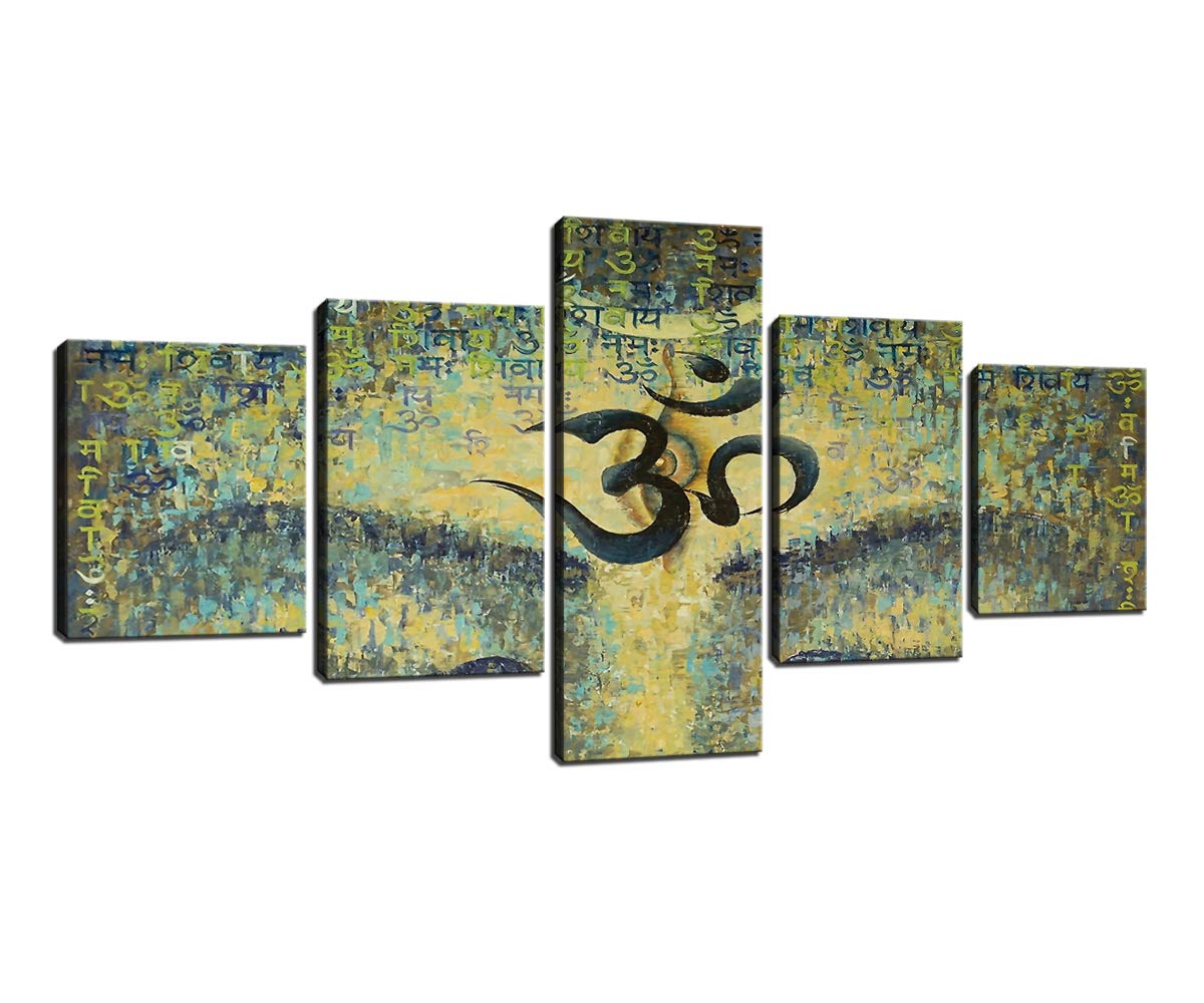 Canvas 5 Panels Brahmin Calligraphy Wall Art Prints - India Inspired Artworks for Living Room & Bedroom Decor - Framed & Ready to Hang (50''W x 24''H) - Perfect for Home, Office, and Meditation Spaces