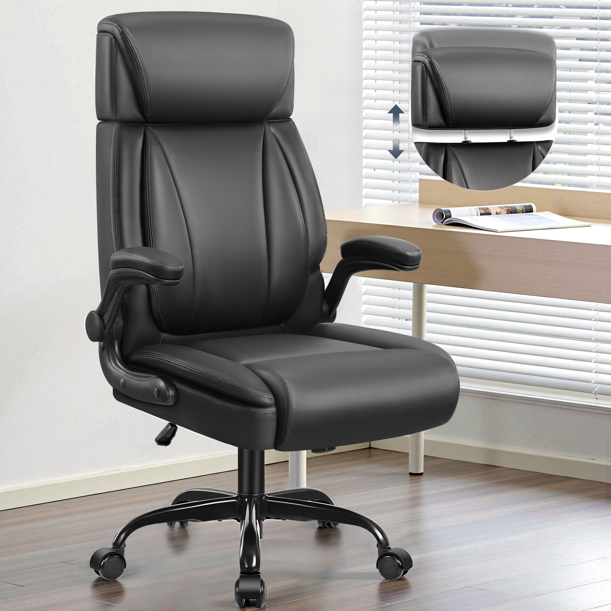Premium Big and Tall Executive Office Chair - Ergonomic High Back Leather Desk Chair with Adjustable Lumbar Support, Flip-Up Armrests & Headrest - Perfect for Home Office, Gaming & Professional Workspaces