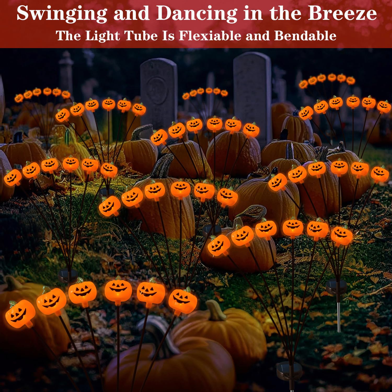 2 Pack Solar Halloween Pumpkin Stake Lights - Waterproof Outdoor Jack-O-Lantern Firefly Lights for Yard, Lawn & Garden Decor | Perfect for Pathway Lighting & Spooky Halloween Atmosphere