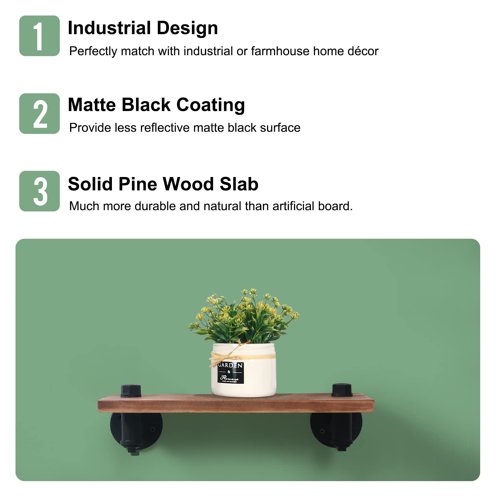 HouseAid Industrial Pipe Floating Shelves - Rustic Farmhouse Wall Mounted Shelf Set (2 Pack) - Matte Black Metal Pipe Shelves for Living Room, Bedroom, Bathroom & Kitchen Storage - Perfect for Displaying Books, Plants & Home Decor