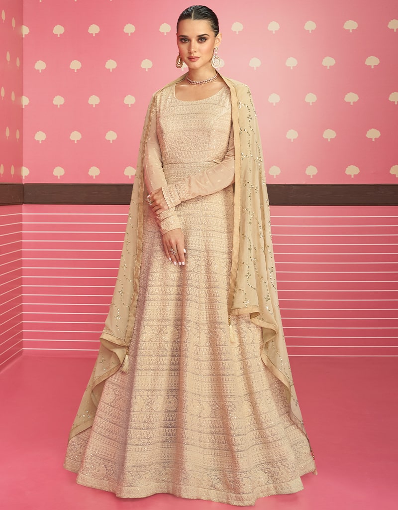 Elegant Beige Anarkali Semi-Stitched Suits for Women | Traditional Indian Ethnic Wear | Perfect for Weddings, Festivals & Special Occasions