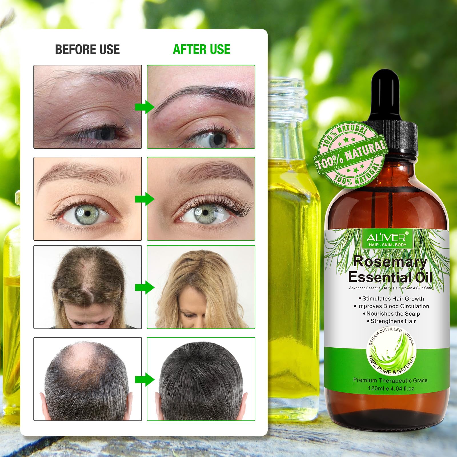 Rosemary Oil for Hair Growth & Scalp Care - 120ml Hair Treatment with Massage Comb, Reduces Hair Loss & Stimulates Growth, Nourishes Scalp - Perfect for Daily Hair Care & Thinning Hair Solutions