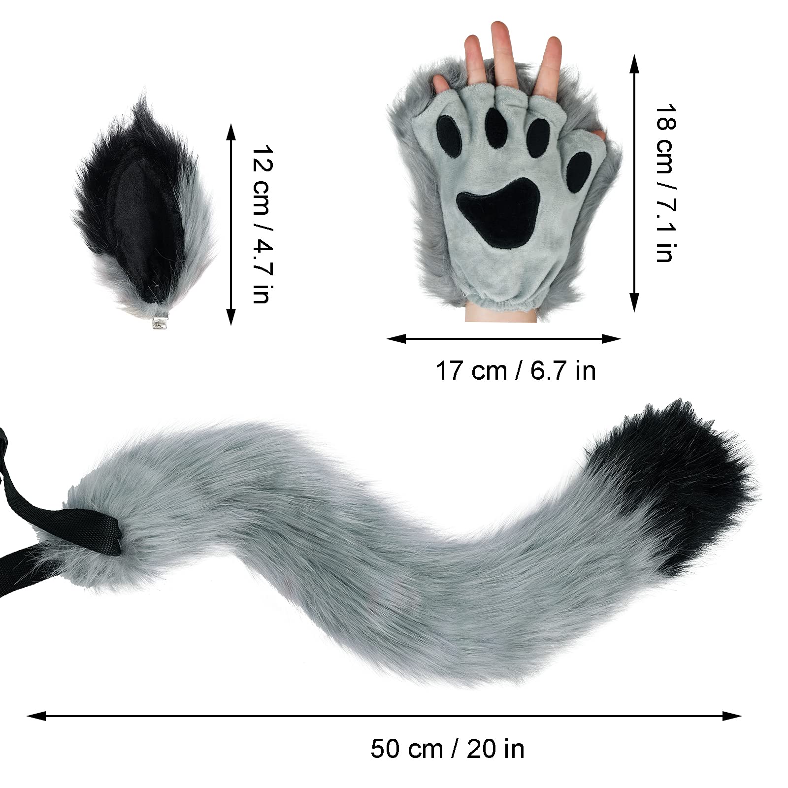 Faux Fur Wolf Fox Tail Hair Clips with Ears & Gloves Set - Halloween Christmas Cosplay Costume Accessories for Party Dress Up, Cosplay, and Themed Events