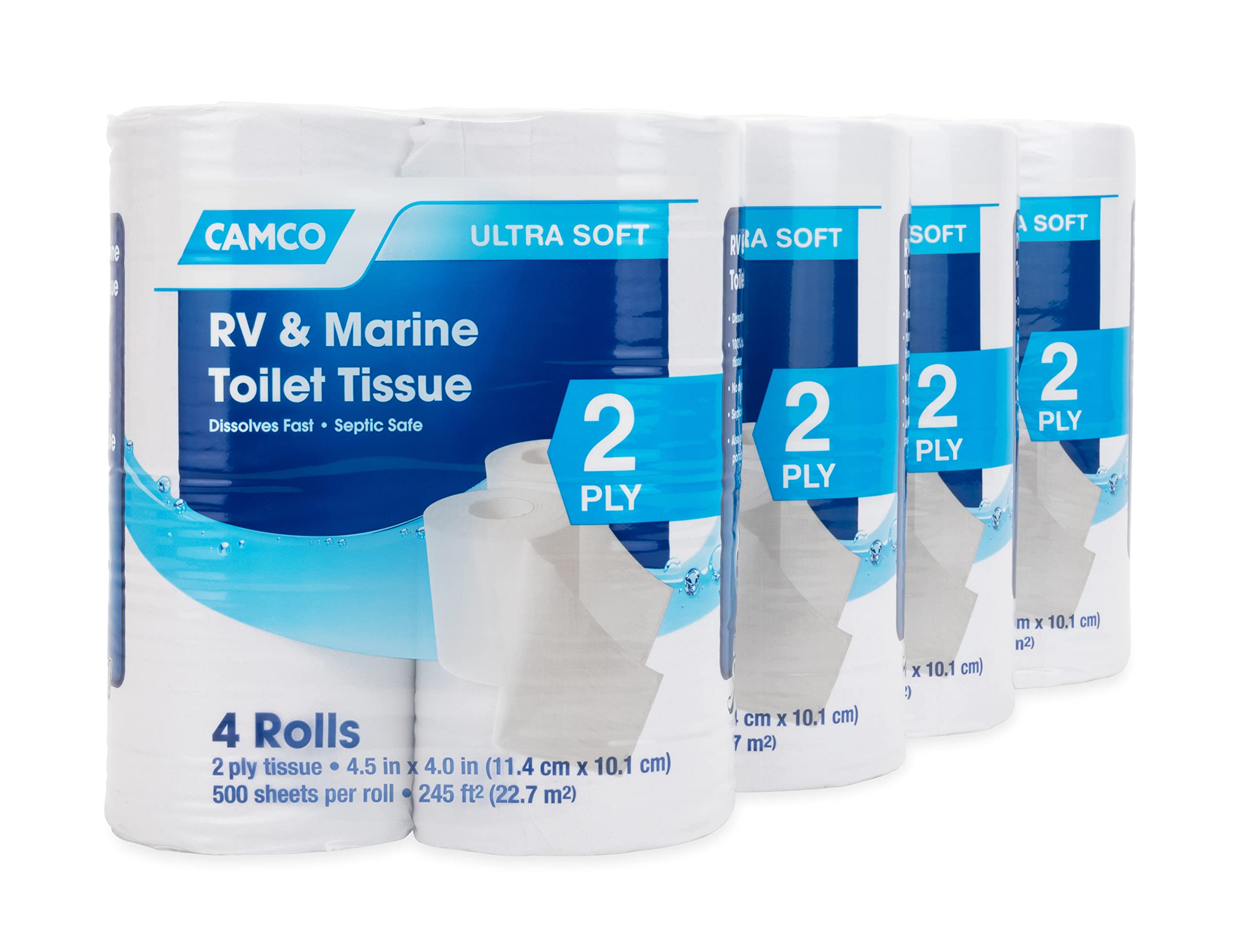 Camco RV Bathroom Toilet Tissue - 16 Rolls | Septic & Sewer Safe Biodegradable 2-Ply RV Toilet Paper | 500 Sheets Per Roll | White (40282) | Perfect for Campers, Trailers & RVs