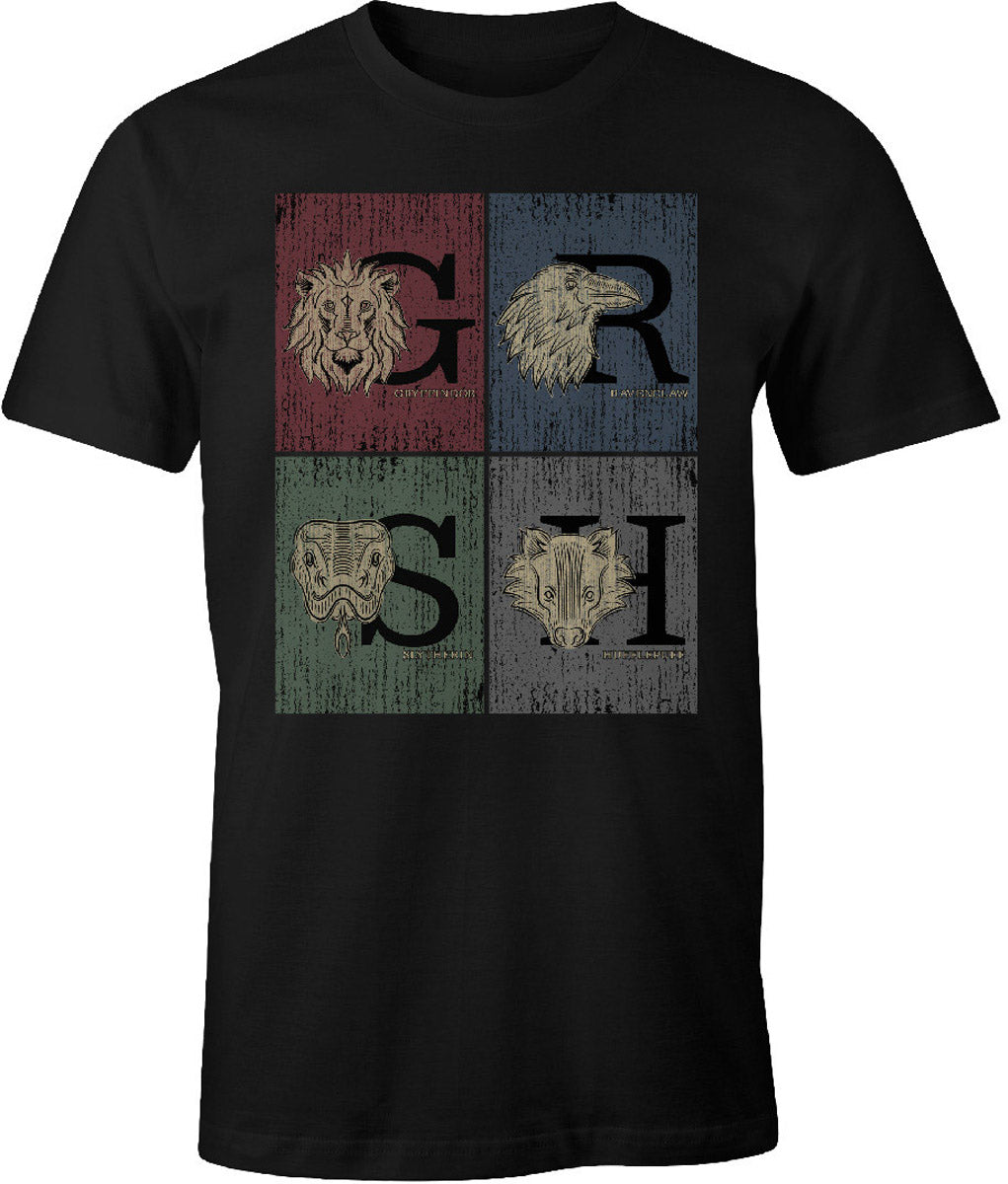 Harry Potter Hogwarts Houses Black T-Shirt - Official Licensed Merchandise for Fans - Perfect for Cosplay, Halloween, and Potterhead Gifts