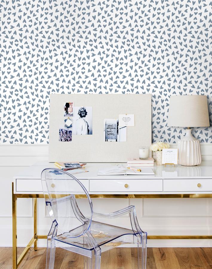 Hearts Wallpaper by Sugar Paper - French Blue on White Peel & Stick Wallpaper for Nursery, Bedroom, and Home Decor