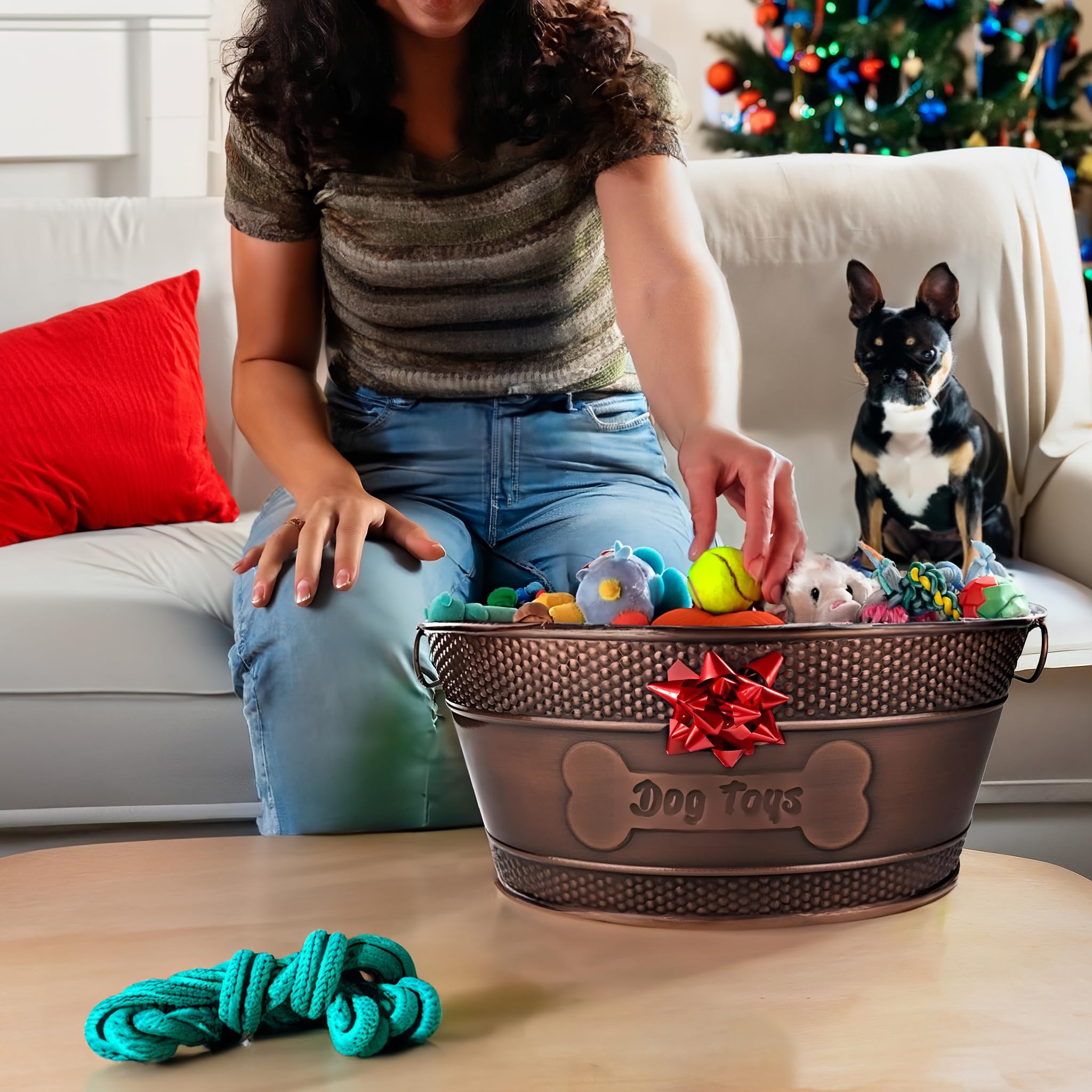 Durable Metal Dog Toy Storage Bin - Galvanized Copper Dog Toy Organizer with Handles for Chew Toys, Blankets & Leashes | Pet Bone Design Toy Box (15-Quart) | Perfect for Living Room, Bedroom & Dog Play Area Organization