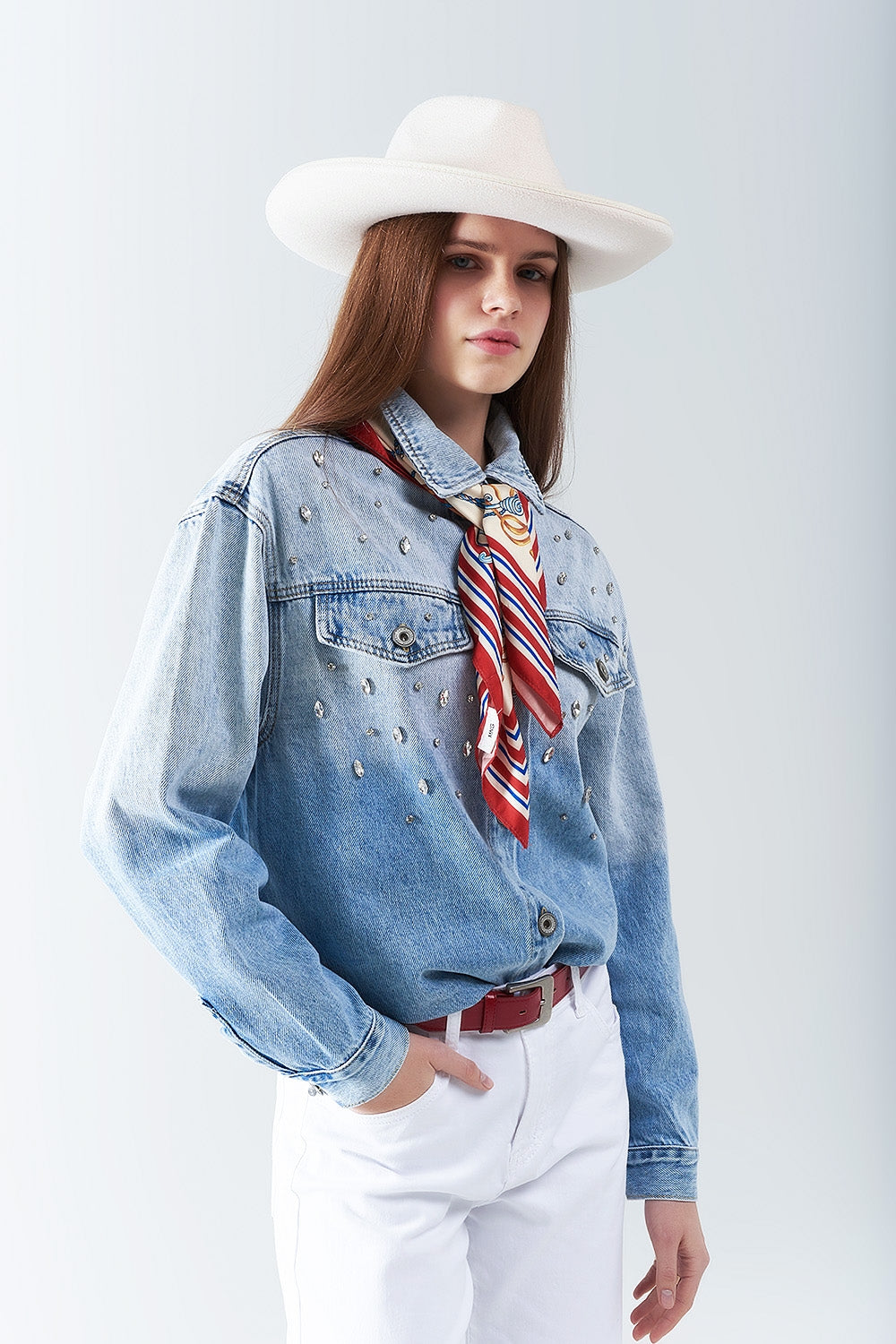 Distressed Denim Shirt with Chest Pockets & Embroidered Rhinestone Details - Casual Wear for Women, Perfect for Street Style & Everyday Outfits