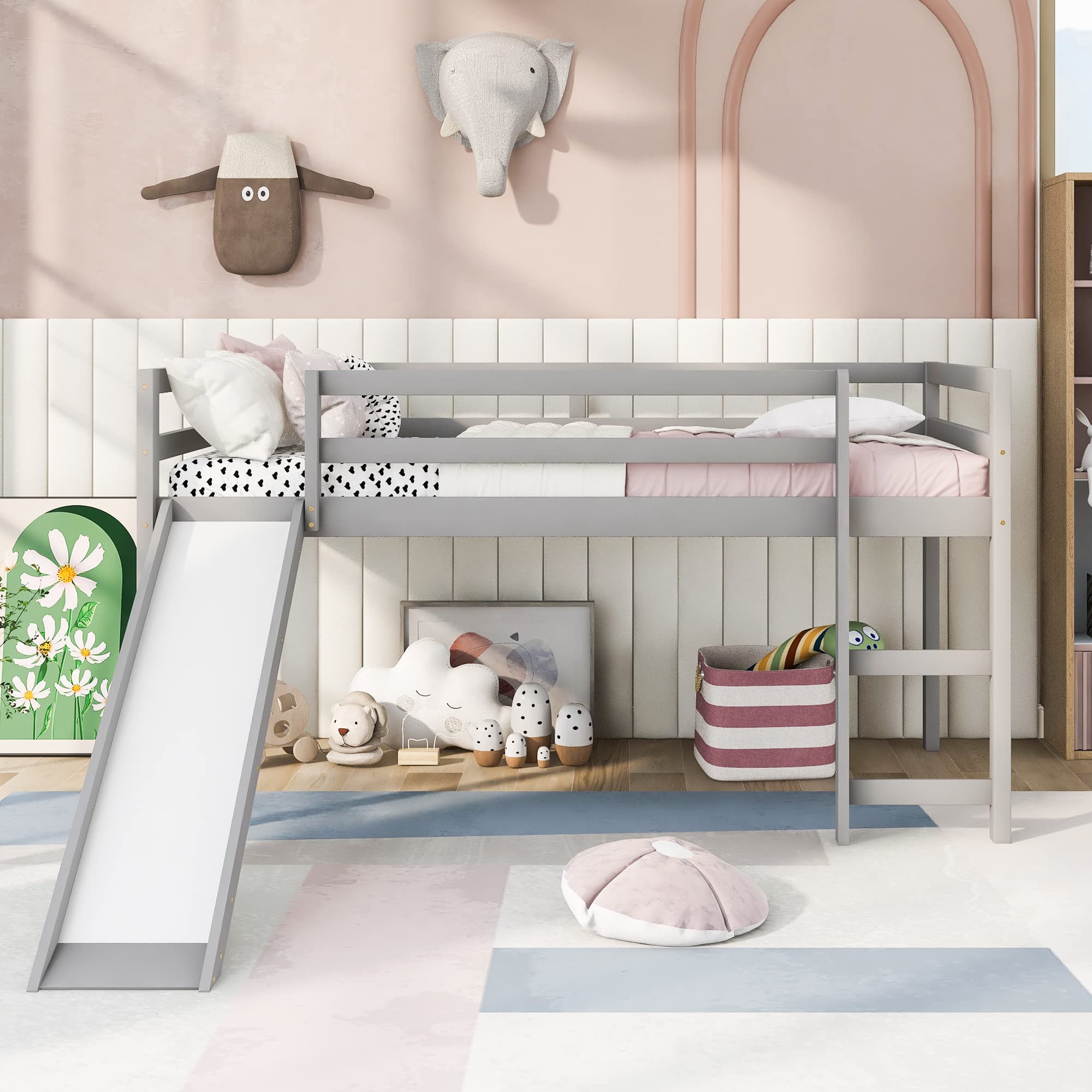 JULYFOX Twin Loft Bed with Slide for Kids - Solid Pine Wood Bunk Bed Frame with Ladder, Headboard & Guard Rails - No Box Spring Needed - Ideal for Small Spaces, Teens & Junior Kids (Gray) - Perfect for Bedrooms, Playrooms & Dorm Rooms