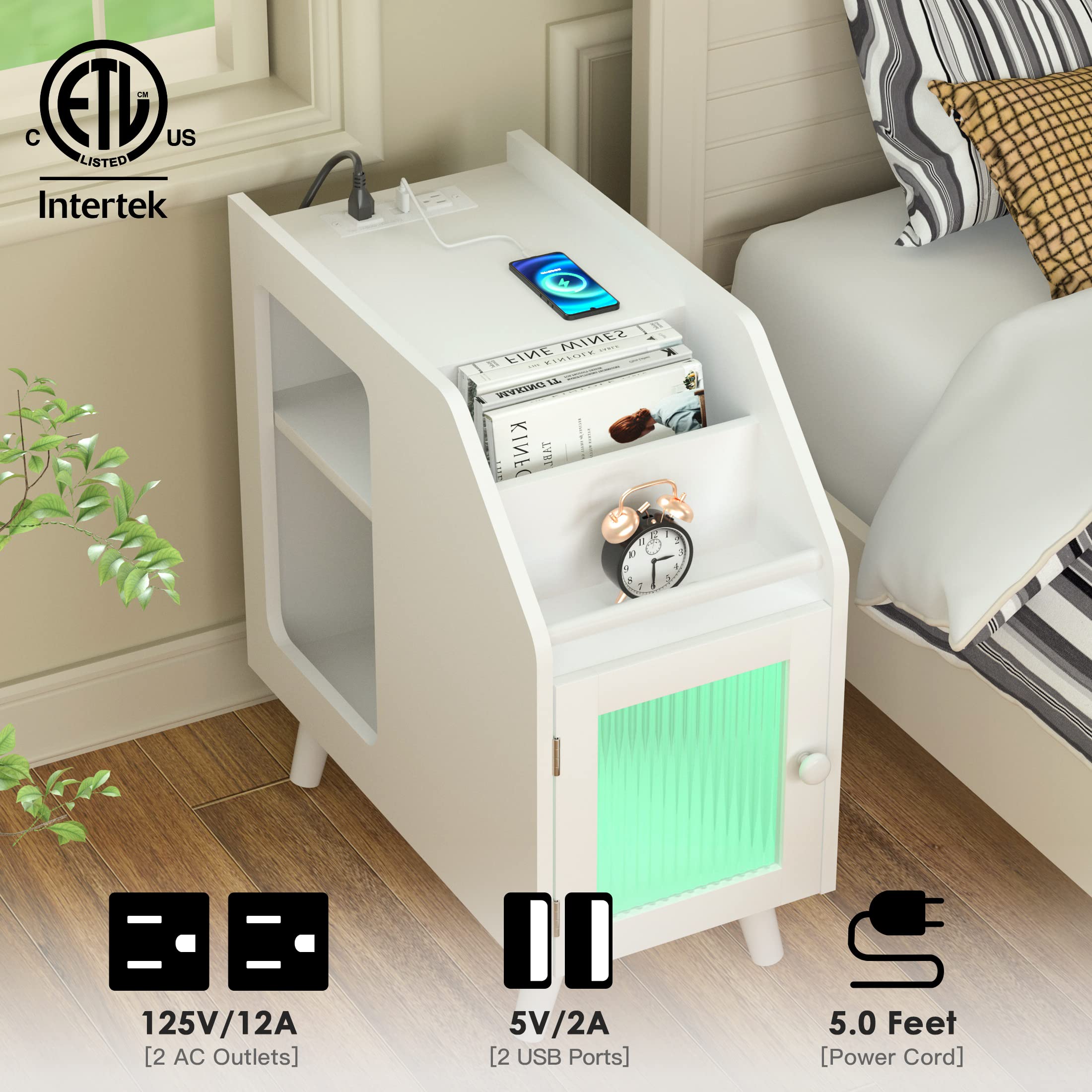White Narrow Nightstand with Charging Station, USB Ports & Outlets - LED Light Bedside Table with Storage Cabinet for Small Spaces | Perfect for Bedroom, Living Room & Dorm Use