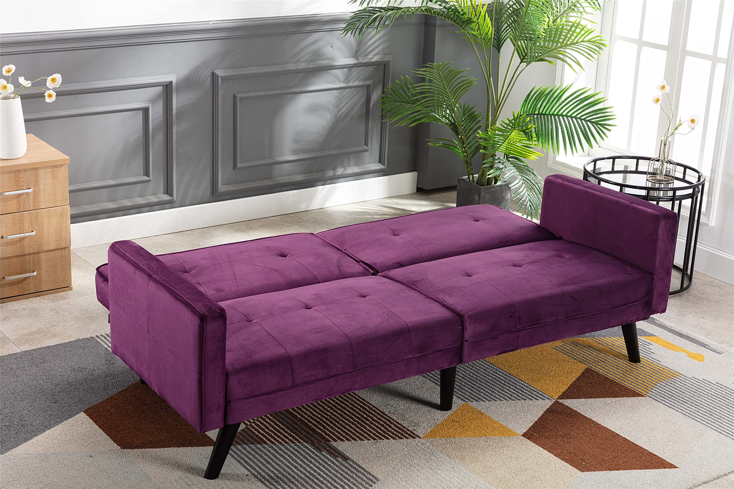 Velvet Convertible Sofa Bed with Adjustable Backrest & 6 Wood Legs - Modern Folding Sleeper Loveseat for Living Room, Bedroom & Guest Room | Perfect for Small Spaces, Studio Apartments & Overnight Guests