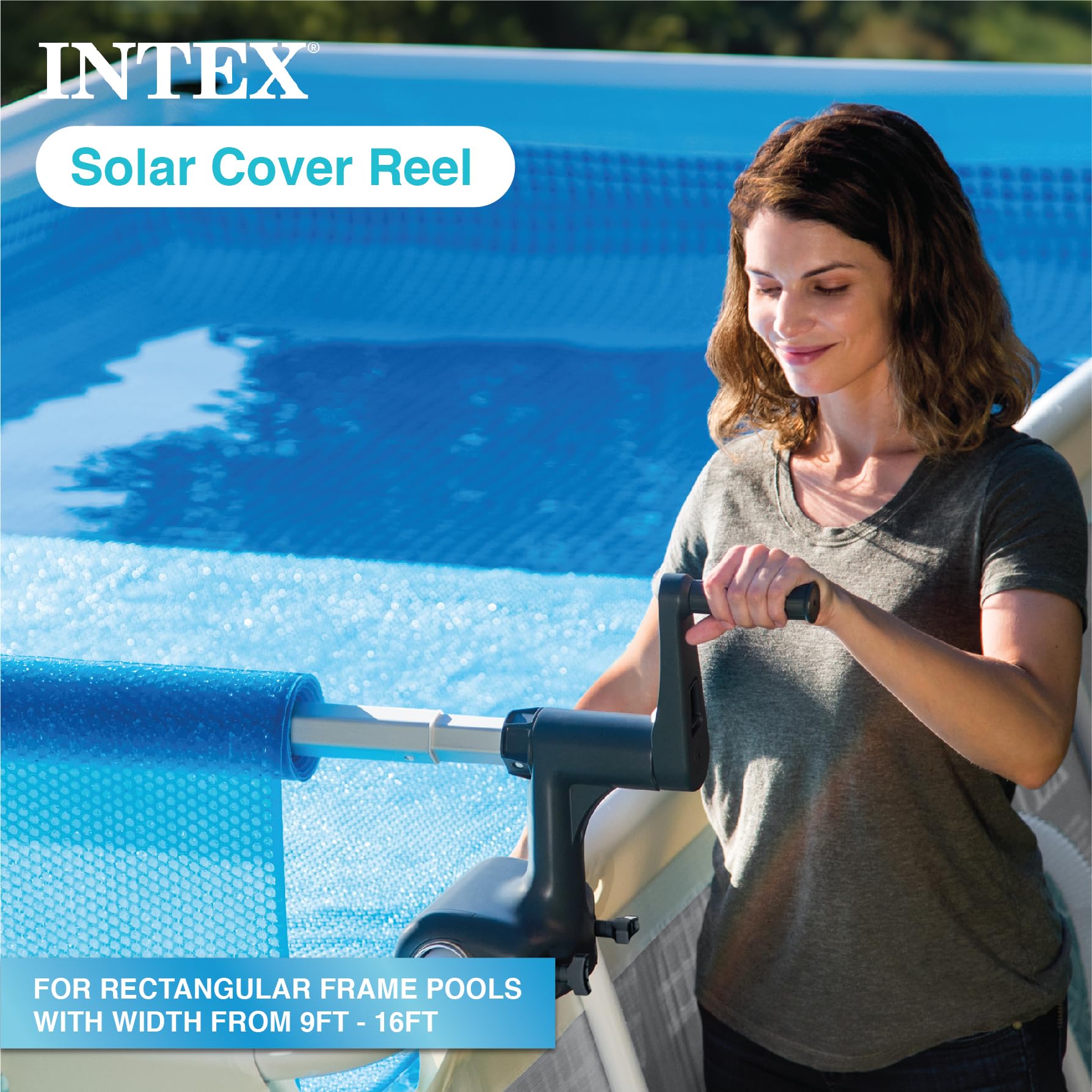 Intex Heavy Duty Solar Above Ground Pool Cover Reel - Adjustable Aluminum Frame with Locking Mechanism for Rectangle Pools (Cover Not Included) - Perfect for Easy Pool Cover Storage & Winter Protection