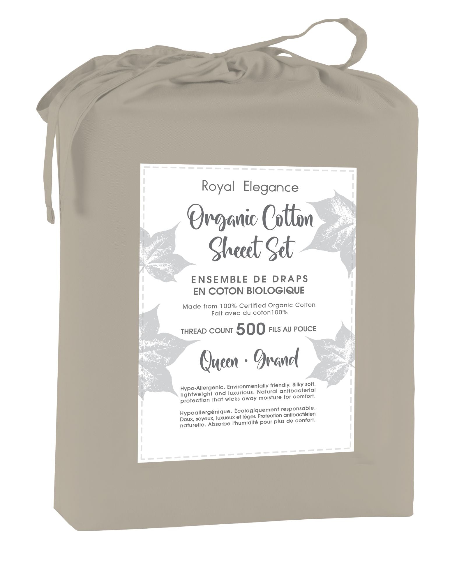 100% Organic Cotton Queen Sheet Set - 500 Thread Count, Taupe Color - Soft & Breathable Bedding for Comfortable Sleep & Luxury Home Decor