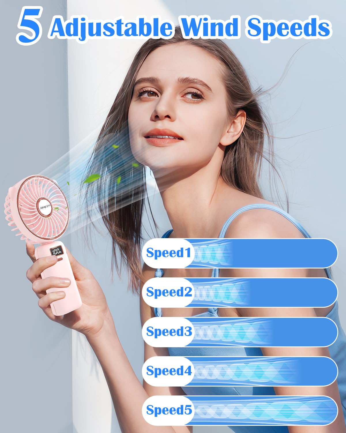 Portable Handheld Fan 4000mAh Rechargeable - Personal Mini Fan with LED Digital Display, 5 Speed Settings, 90° Adjustable, Ultra Quiet - Perfect for Travel, Office, Home, Gym & Outdoor Activities (Pink)