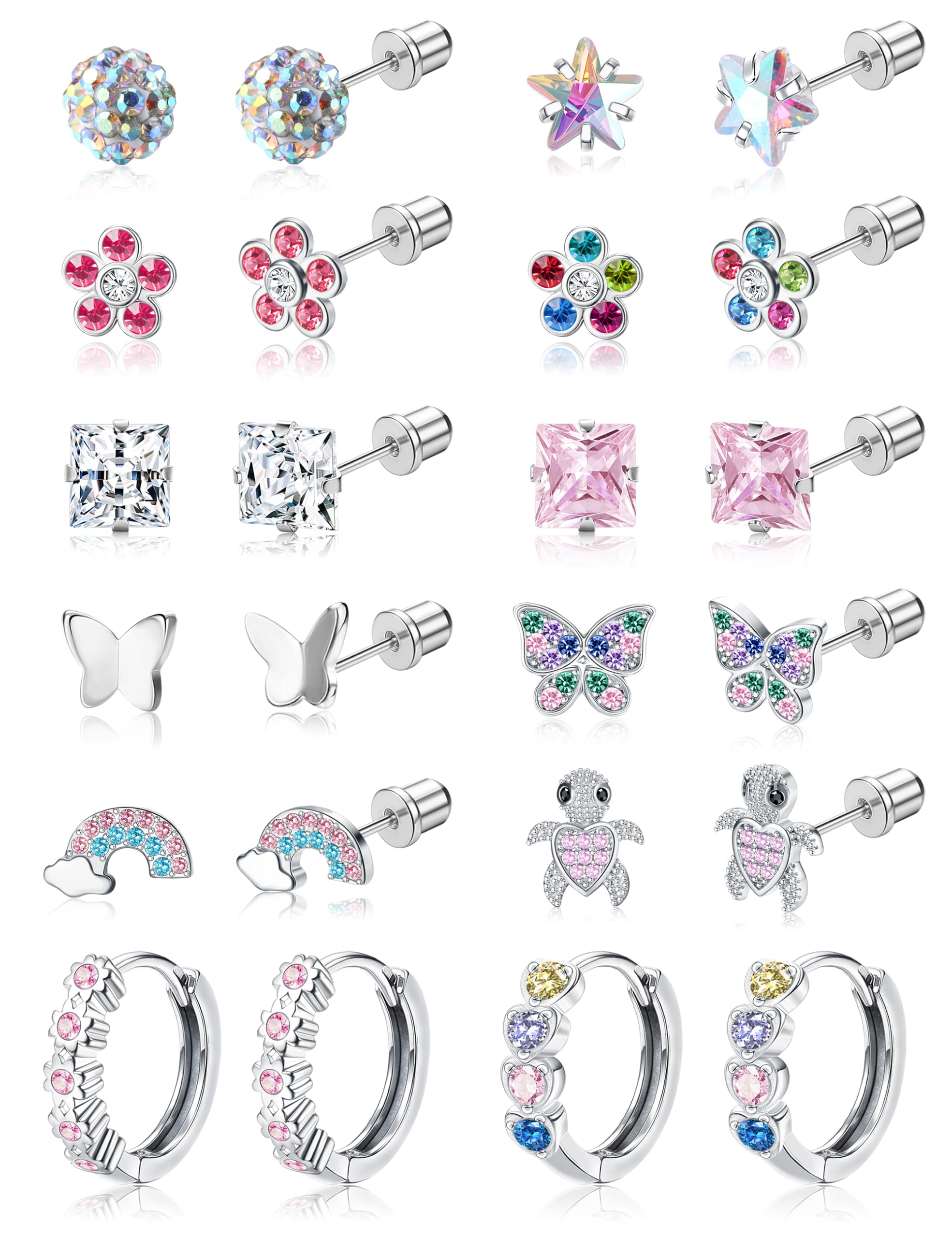 Hypoallergenic Surgical Stainless Steel Earrings for Women & Girls - 12 Pairs Screw Back Stud Earrings with Flower & Butterfly Designs for Sensitive Ears | Cute Hoop & Stud Earrings for Kids, Teens & Adults | Perfect for Daily Wear, Gifts & Special Occasions