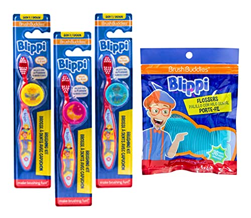 Blippi Kids Toothbrush Set with Floss - 3 Pack Soft Bristle Toothbrushes for Children | Fun Dental Care for Toddlers & Preschoolers | Perfect for Home, Travel & School