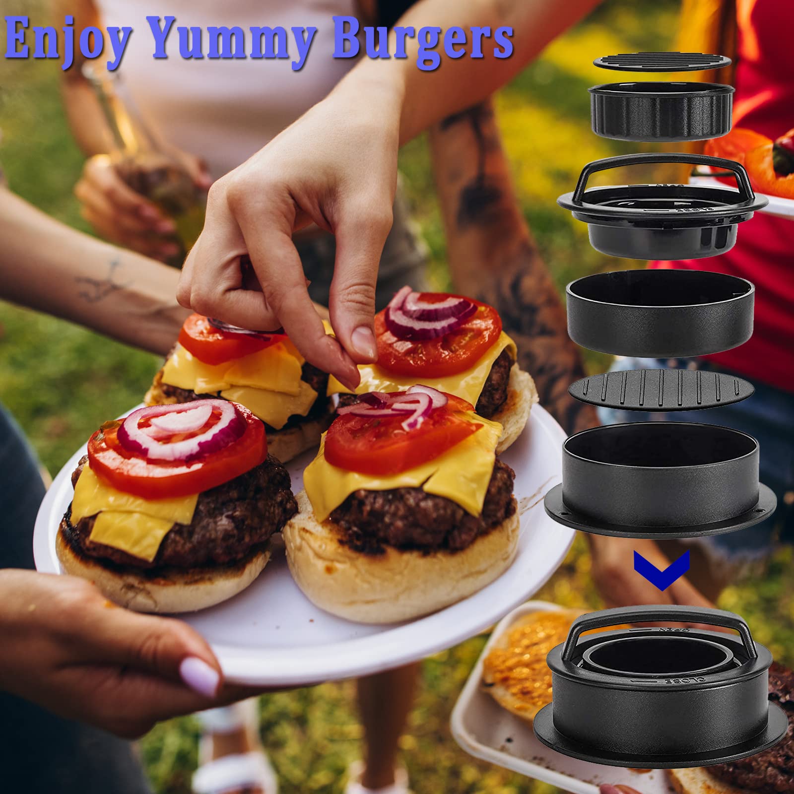 3PCS Smash Burger Press Kit - Round & Rectangle Cast Iron Grill Press with Upgraded Wooden Handle for Blackstone, Camp Chef, Pitboss - Perfect for Backyard BBQs, Camping & Restaurant Burgers