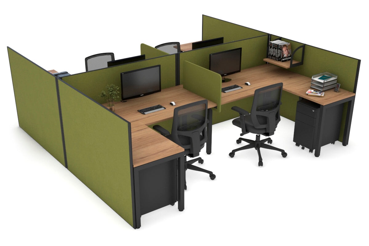 Quadro Square Legs 4-Person Corner Workstation - H Configuration Black Frame (1600L x 1800W with Cable Scallop) | Office & Conference Room Furniture for Collaborative Workspaces