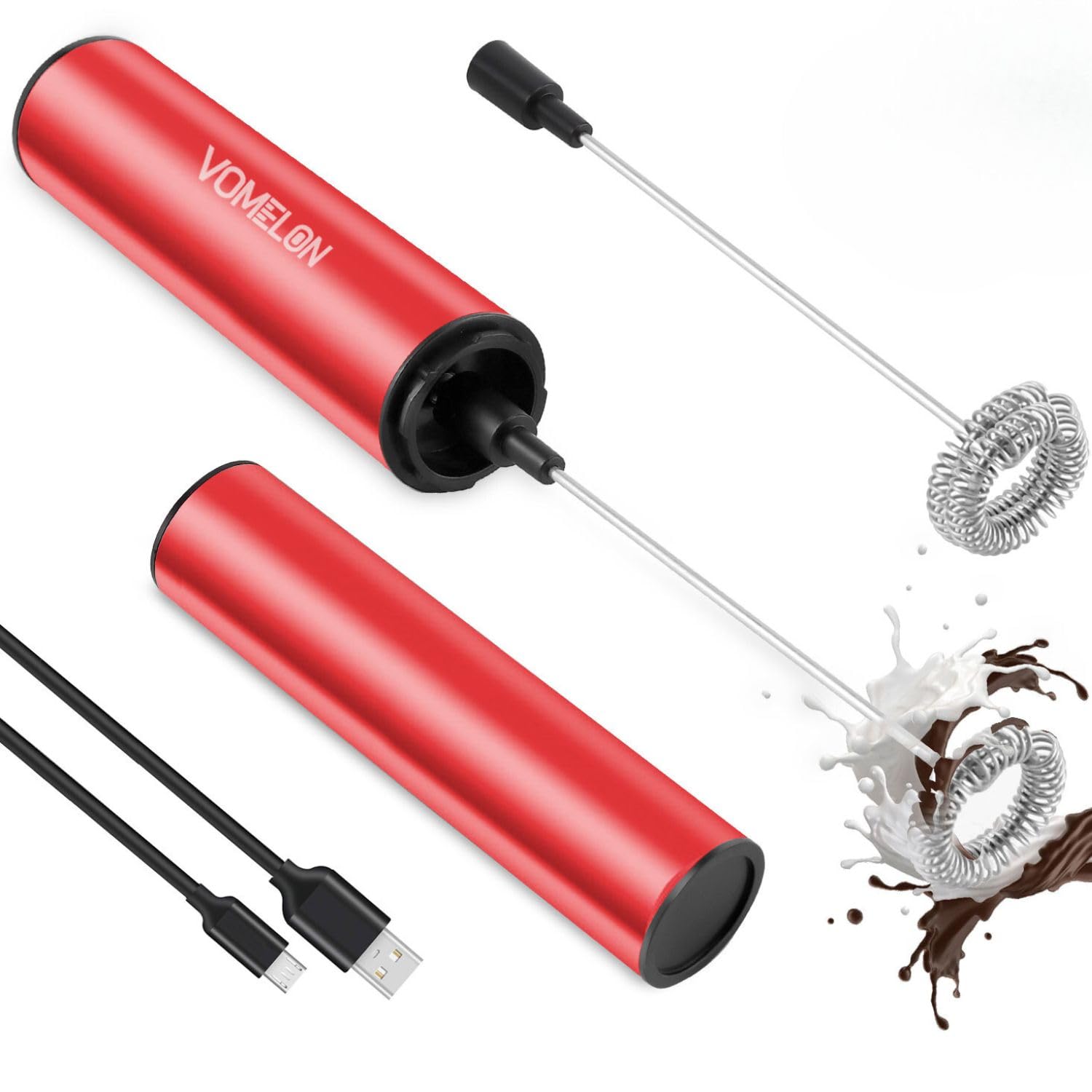Rechargeable Milk Frother for Coffee, Latte & Cappuccino - Portable Battery Operated Drink Mixer with 2 Stainless Steel Whisk Heads - Perfect for Keto Coffee, Hot Chocolate & Foamy Drinks at Home or Office (Ruby Red)