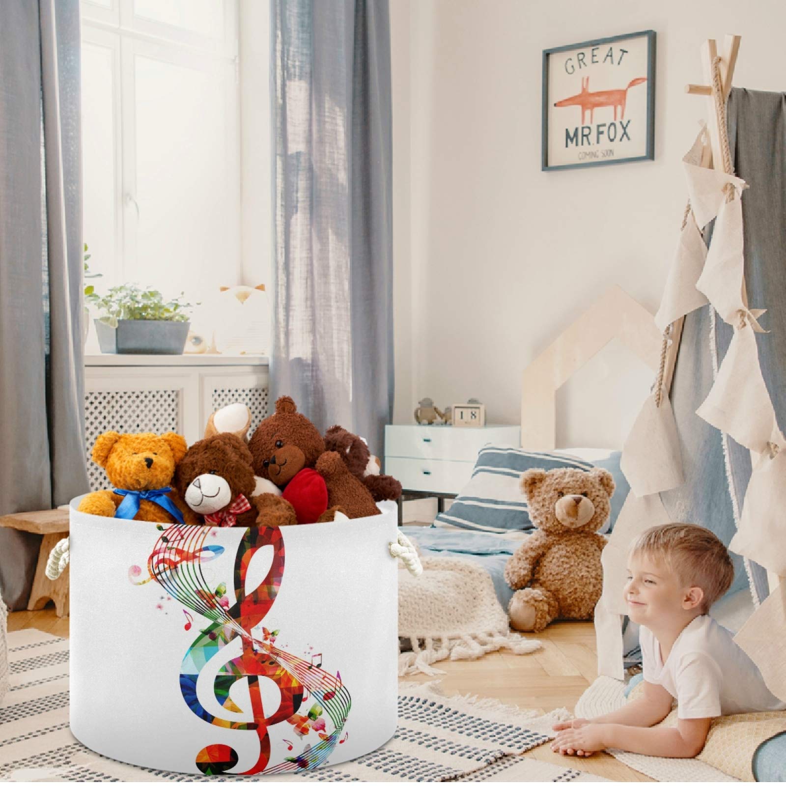 Colorful Music Note Canvas Storage Basket - Nursery Hamper, Toy Organizer Bin, Laundry Basket for Kids Room, Playroom & Shelves | Perfect for Baby Clothes, Stuffed Animals & Playroom Organization