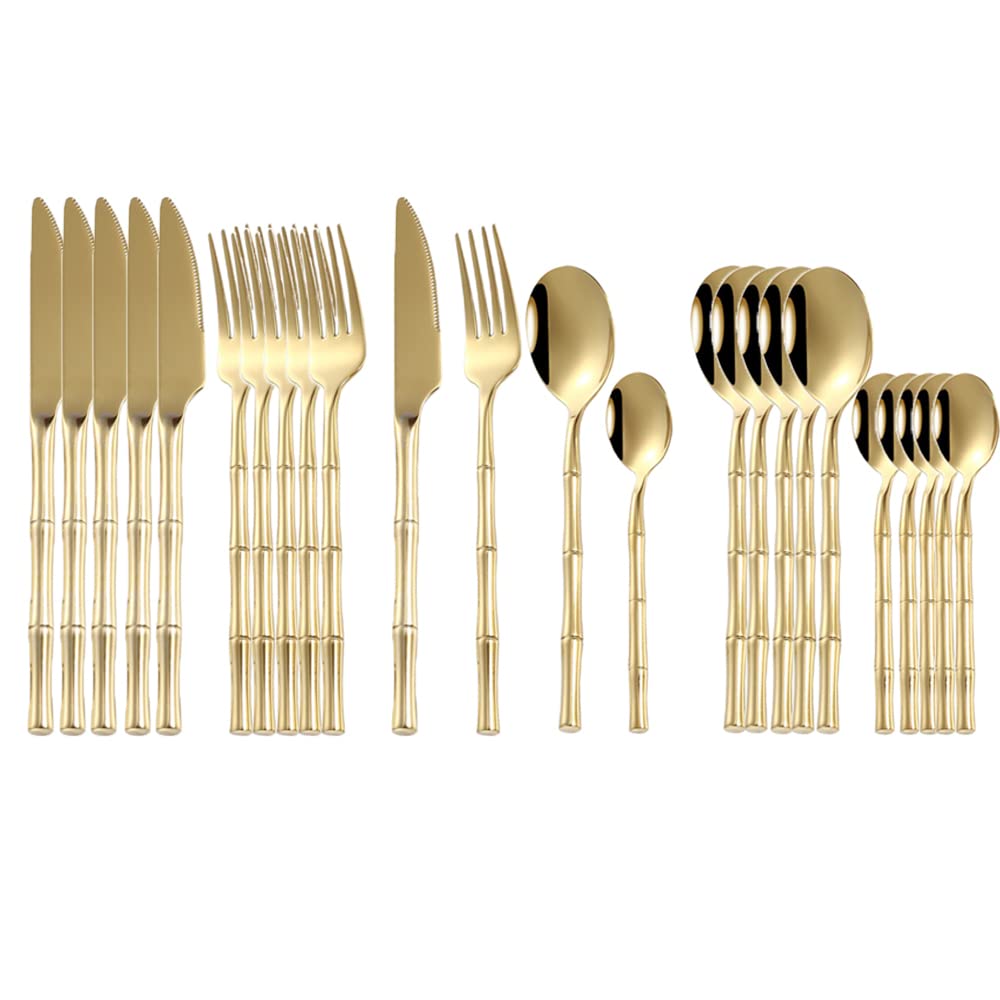 24-Piece Stainless Steel Silverware Set with Bamboo Handle - 304 Grade Forks, Knives & Spoons - Elegant Gold Cutlery for 6-Person Dining - Perfect for Dinner Parties, Restaurants & Home Kitchens