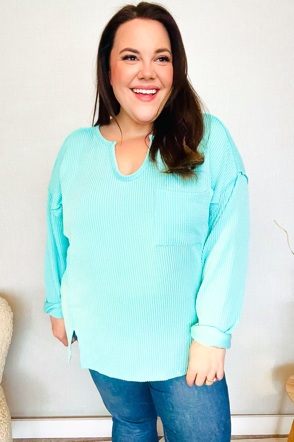 Eyes On You Seafoam Green Mineral Wash Ribbed Notch Neck Pocket T-Shirt | Casual Women's Top for Summer Outfits & Beach Wear
