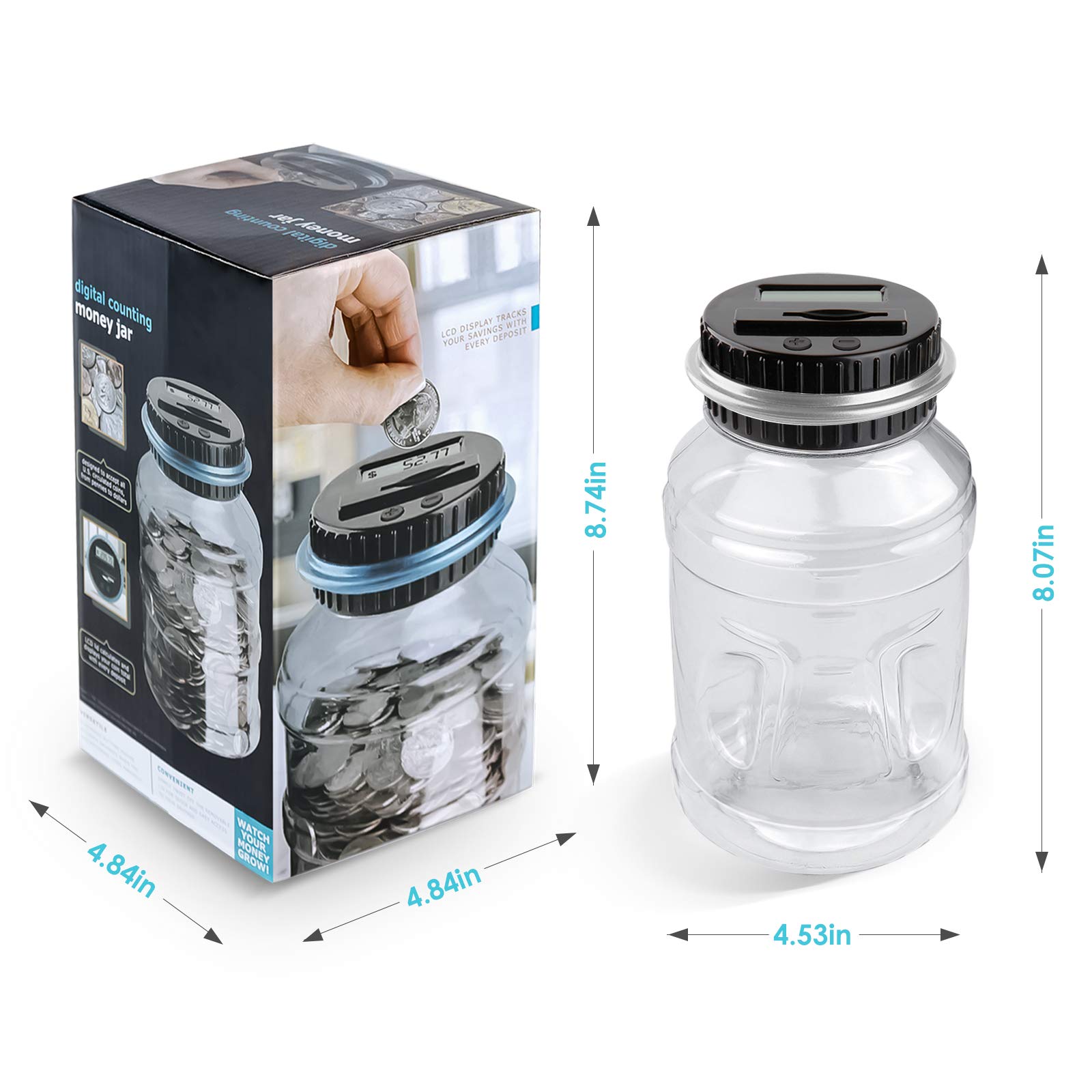 Vcertcpl Digital Coin Counting Piggy Bank with LCD Counter - 1.8L Large Capacity Money Jar for Boys & Adults - Compatible with All US Coins (Silver) - Perfect for Saving, Budgeting & Gift Giving