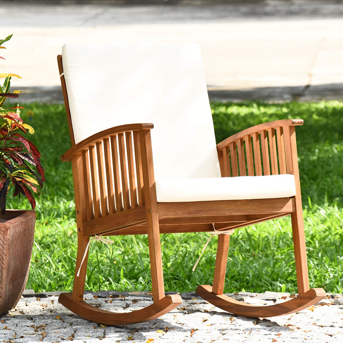 Tangkula 2-Piece Acacia Wood Rocking Chair Set with Removable Washable Cushions - Teak Wood Rocker for Outdoor & Indoor Use - Perfect for Porch, Garden, Patio, Balcony, Poolside Relaxation