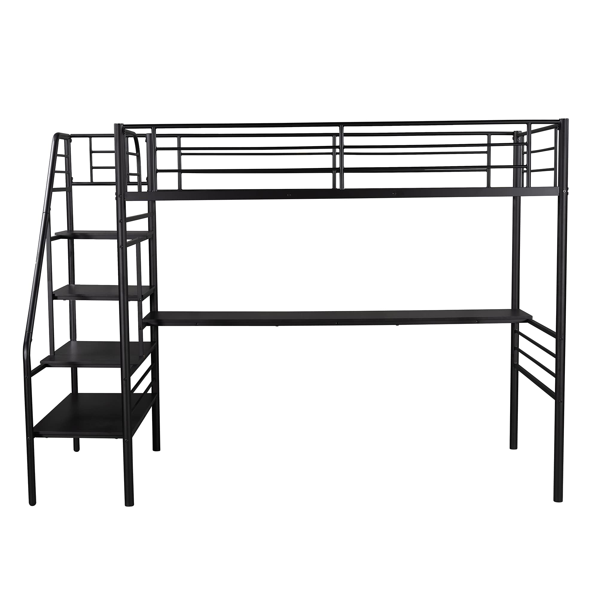 Quarte Twin Size Metal Loft Bed Frame with Built-in Desk & Ladder - Full-Length Guardrail, Space-Saving Design, No Box Spring Needed - Black | Perfect for Small Bedrooms, Dorm Rooms & Home Offices