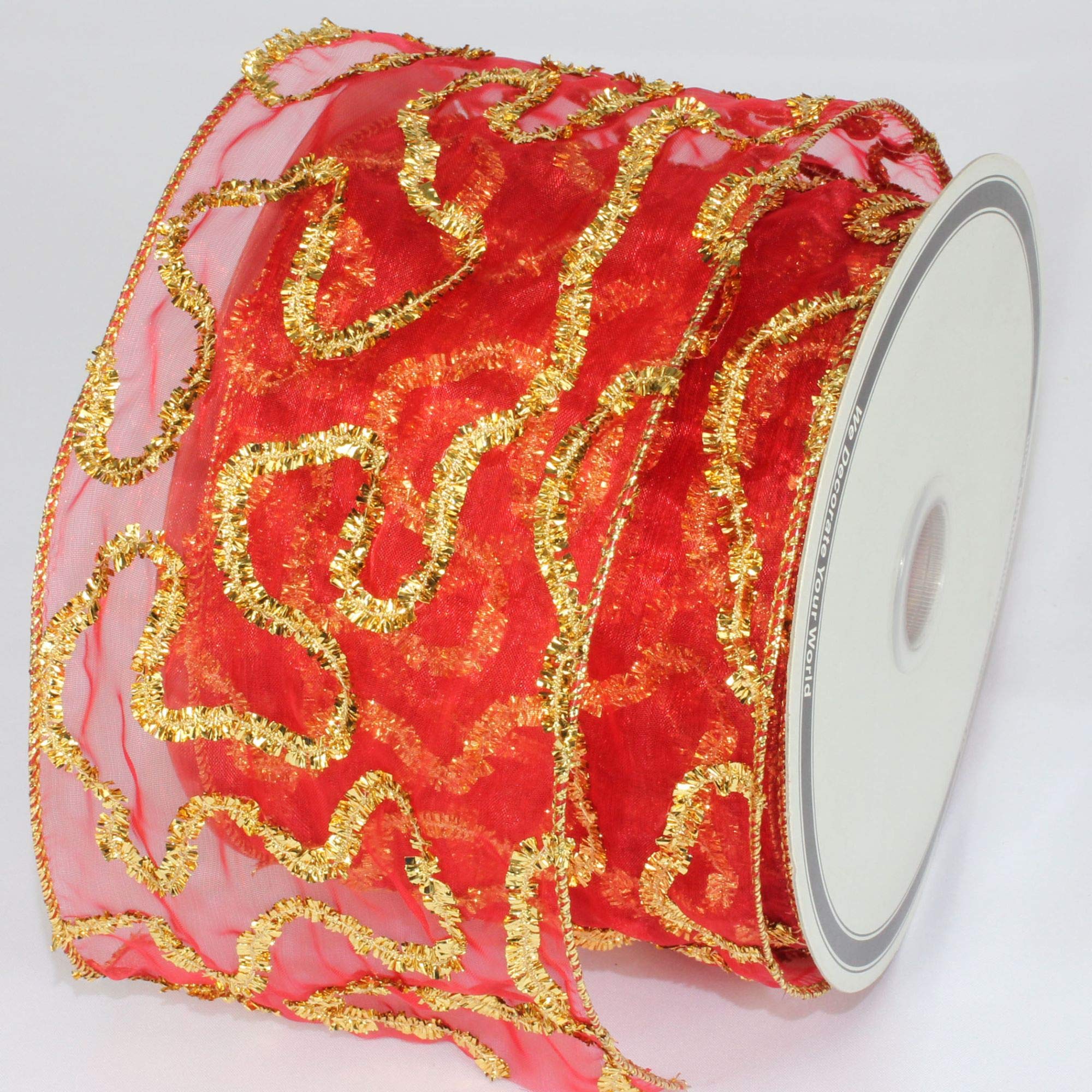 Sheer Red with Gold Swirl Wired Craft Ribbon 4