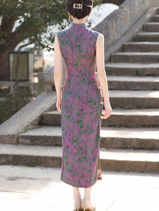 Elegant Fuchsia Bamboo Print Long Cheongsam Qipao Dress - Vintage Chinese Traditional Dress for Women, Perfect for Weddings, Parties & Special Occasions