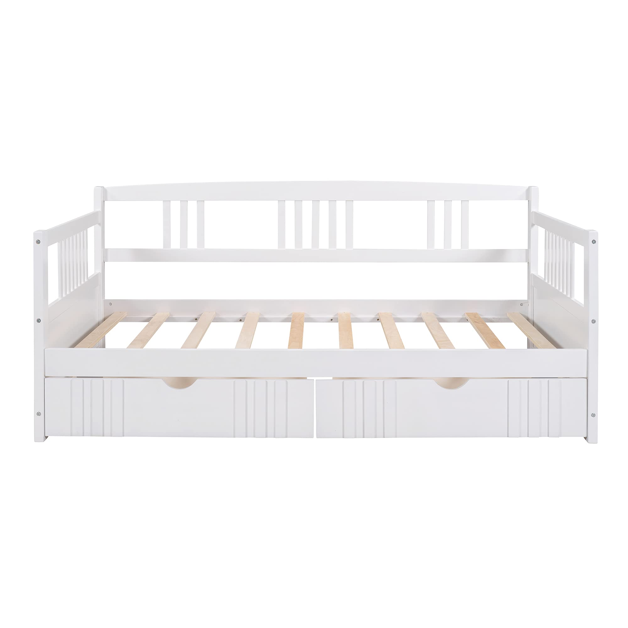 Twin Size Daybed with 2 Storage Drawers & Wood Slat Support - Solid Wood Sofa Bed Frame for Kids Teens Bedroom - No Box Spring Needed - White Wood Finish - Perfect for Guest Rooms, Living Rooms & Small Spaces