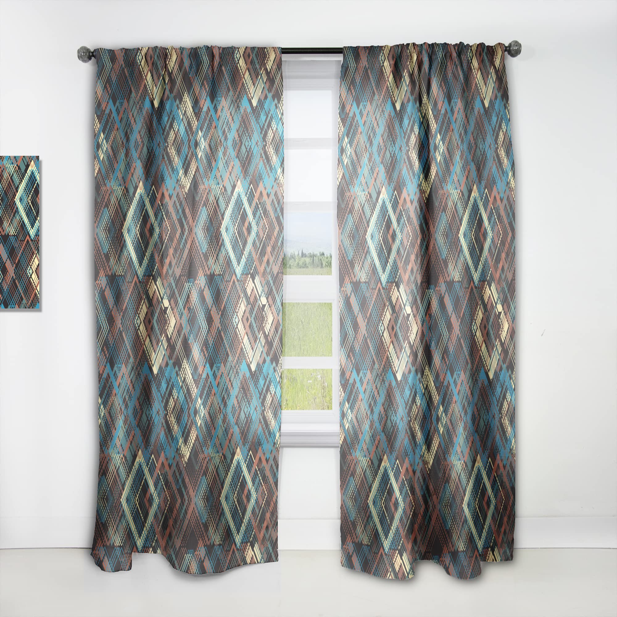 Vintage Yellow Blue Diamond Square Thermal Insulated Curtains - Single Panel 52x108 Inches - Blackout Drapes for Bedroom & Living Room (Home Decor, Window Treatment, Light Blocking)