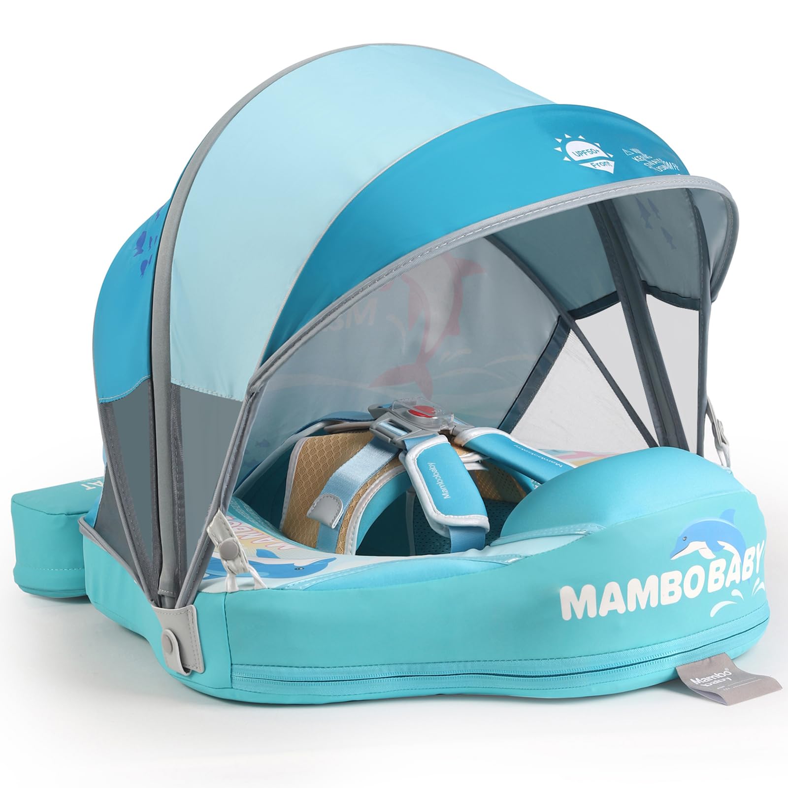 Mambobaby Baby Swim Float with Canopy & Portable Backpack - Skin-Friendly Non-Inflatable Infant Pool Float for 3-24 Months - Waterproof Smart Swim Trainer with Tail - Perfect for Beach, Pool, and Outdoor Water Activities