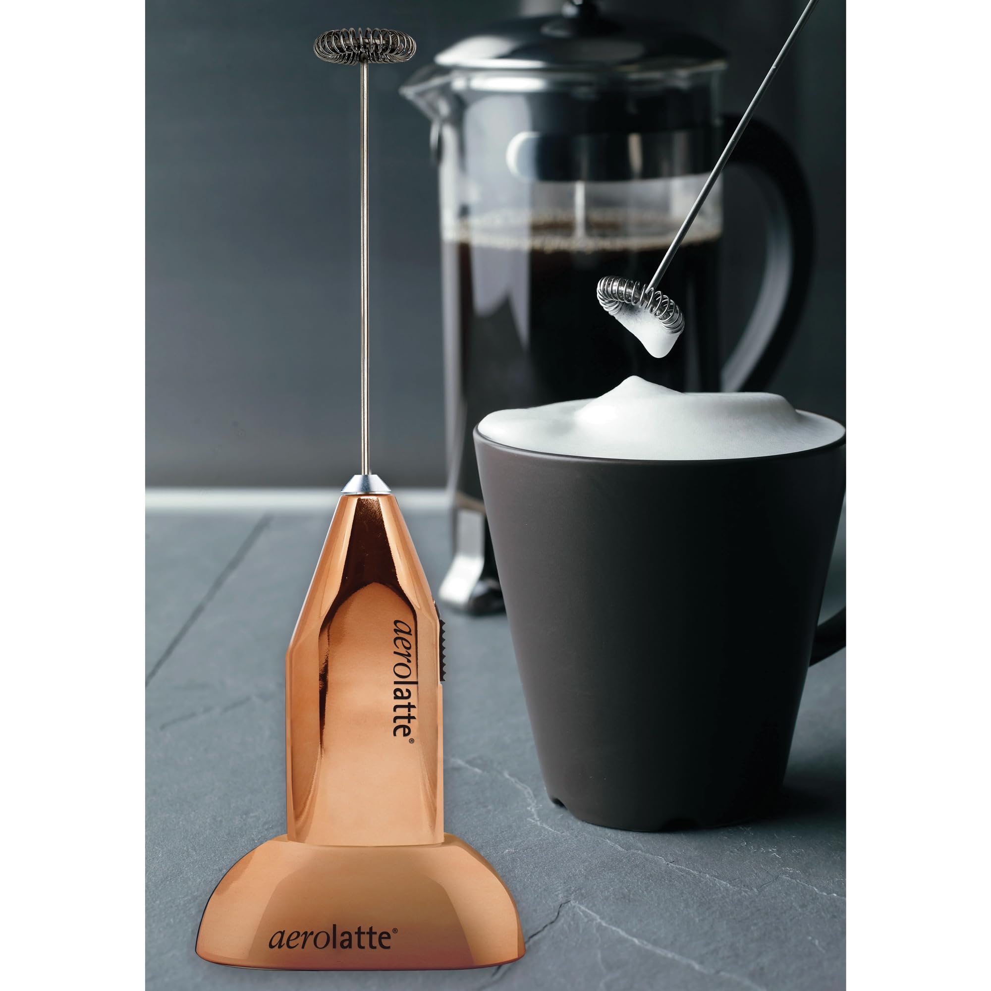 Original Aerolatte Milk Frother with Counter Stand - Steam-Free Handheld Frother for Coffee, Latte & Hot Chocolate - Perfect for Home Baristas & Coffee Lovers (Copper Finish)