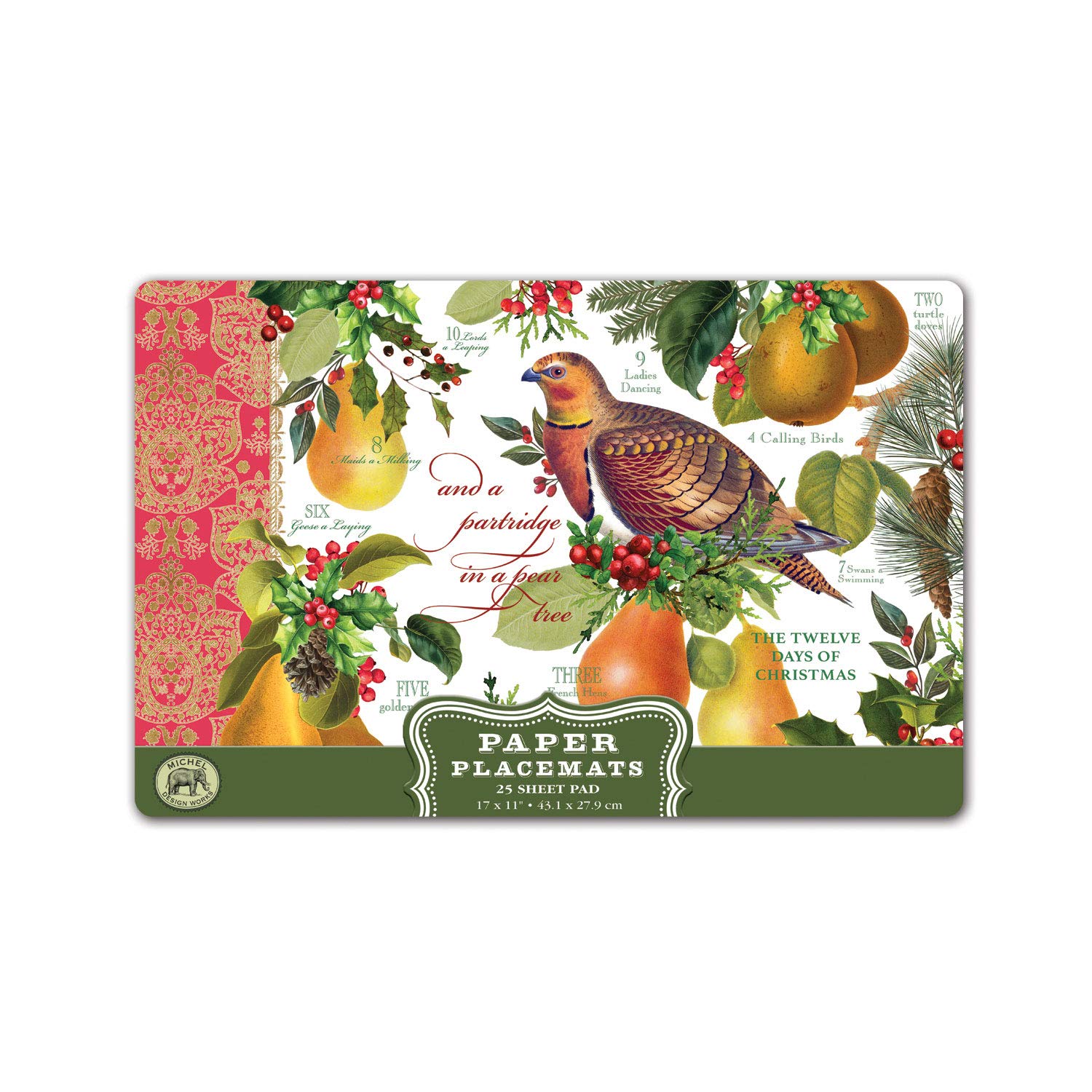 Michel Design Works Christmas Pear Tree Placemats - Set of 4 Holiday Dinner Mats for Festive Table Setting, Family Gatherings & Seasonal Decor
