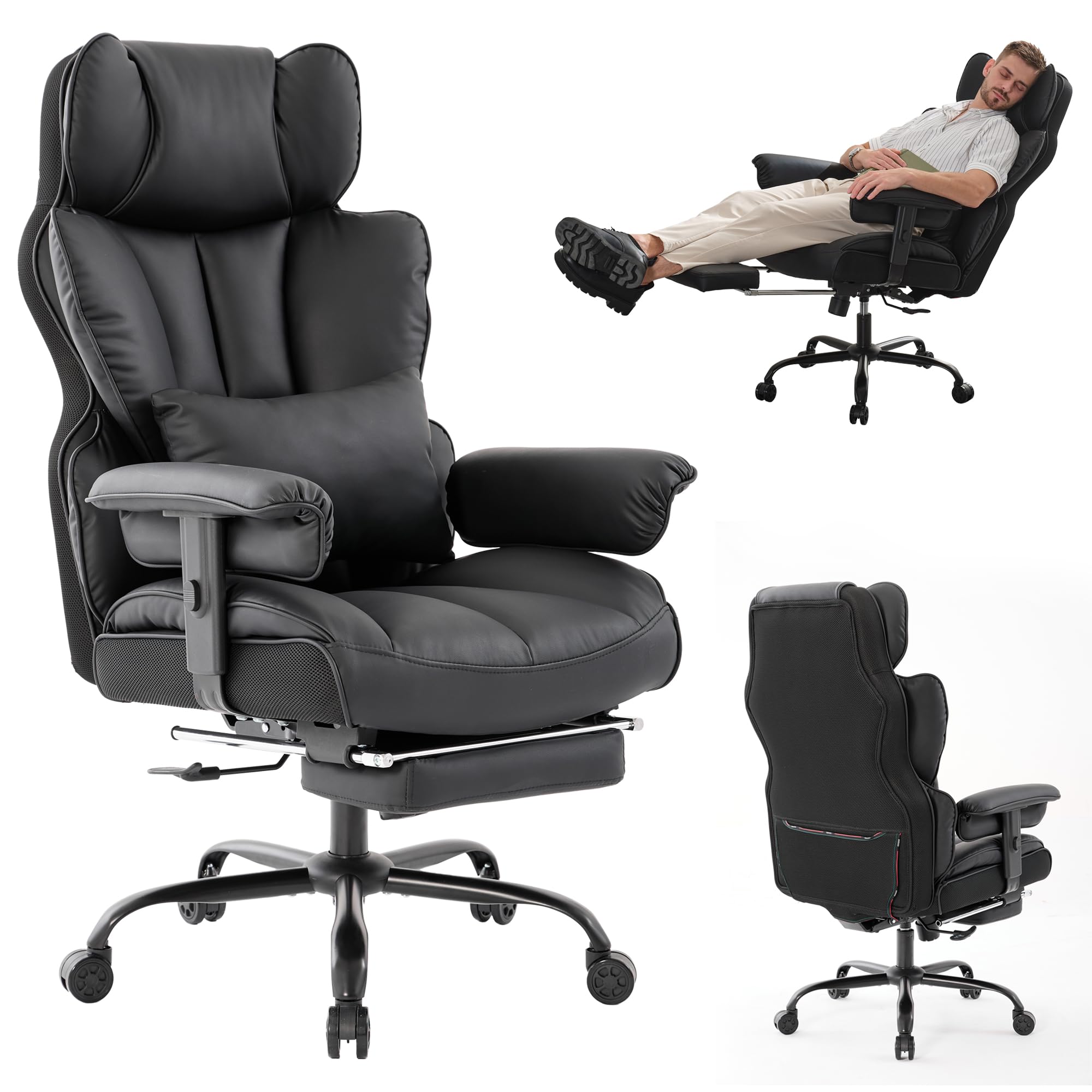 Big and Tall Office Chair 400lbs - Heavy Duty PU Leather High Back Gaming Chair with Footrest, Reclining Executive Ergonomic Computer Desk Chair with Lumbar Support & Adjustable Armrests (Black) - Perfect for Home Office, Gaming Setup, and Professional Workspaces