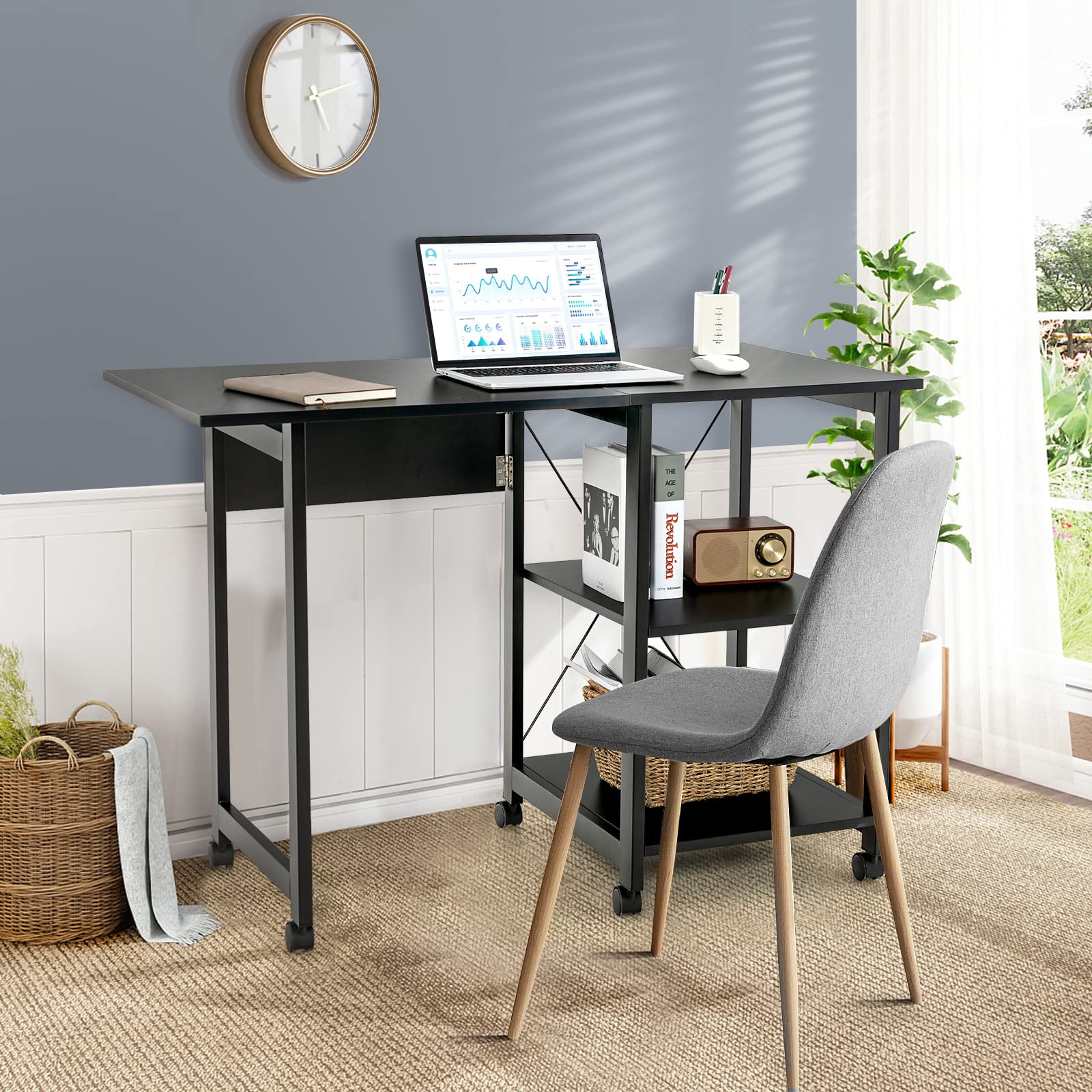 Tangkula Folding Computer Desk with 2-Tier Storage Shelves - Modern Mobile Laptop Workstation with 6 Wheels, Space Saving Home Office Desk for Small Spaces & Apartments (Black) - Perfect for Remote Work, Study & Compact Living Areas