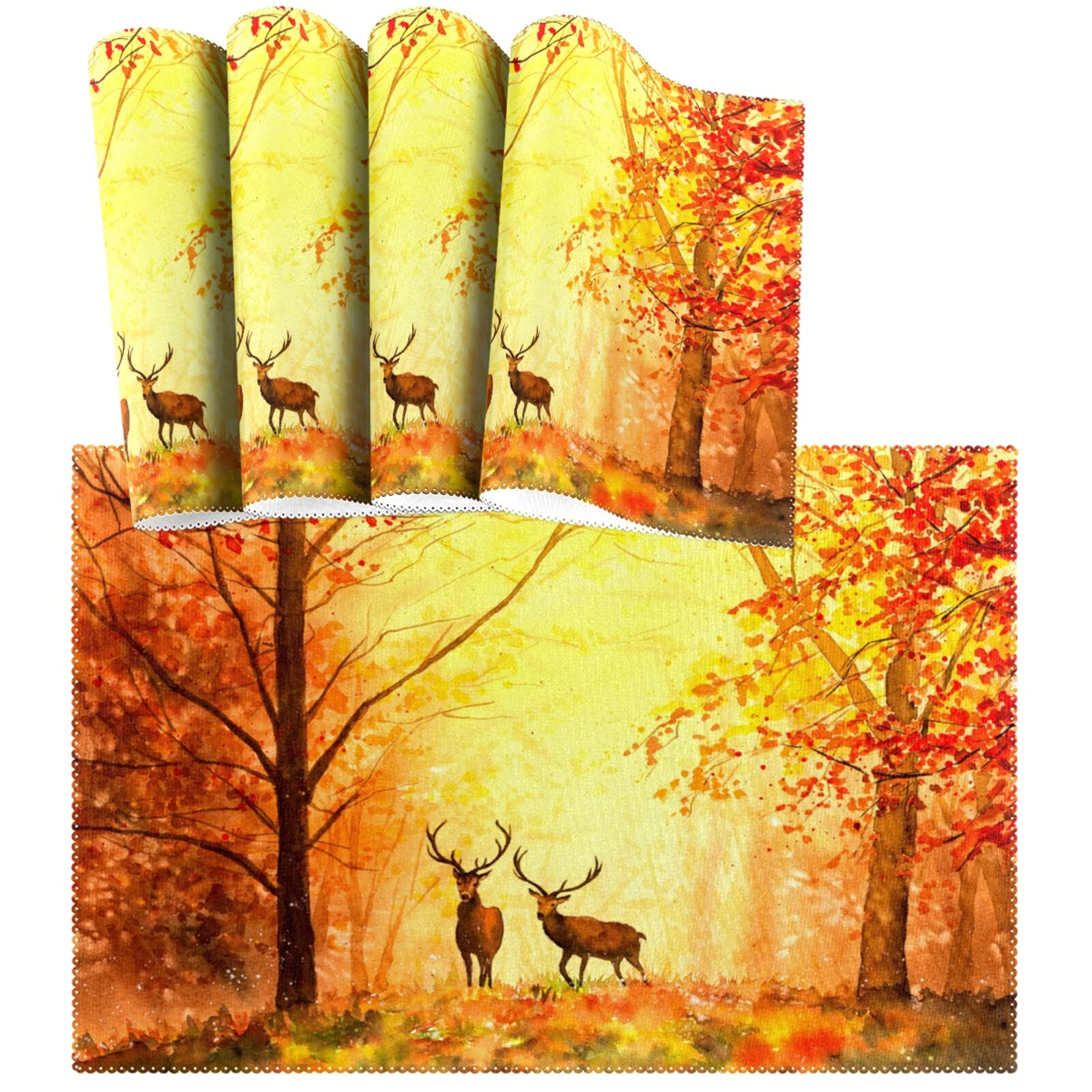 Thanksgiving Deer Placemats Set of 4 - Non Slip Heat-Resistant Washable Table Mats 12