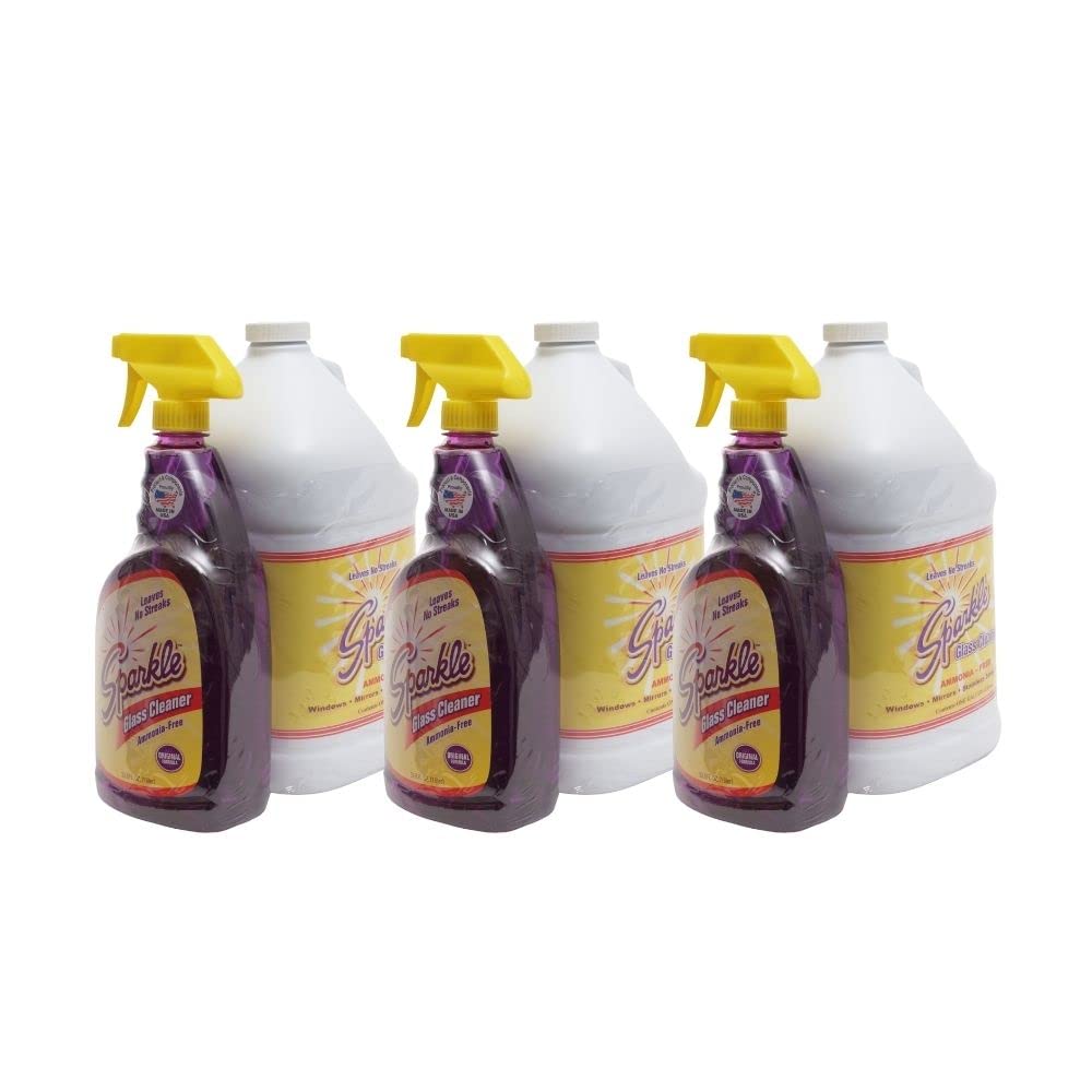 Ammonia-Free Sparkle Glass Cleaner Spray - Streak-Free Formula, 33.8oz Spray Bottle & 1 Gallon Refill (3-Pack) - Perfect for Windows, Mirrors, and Glass Surfaces at Home or Office