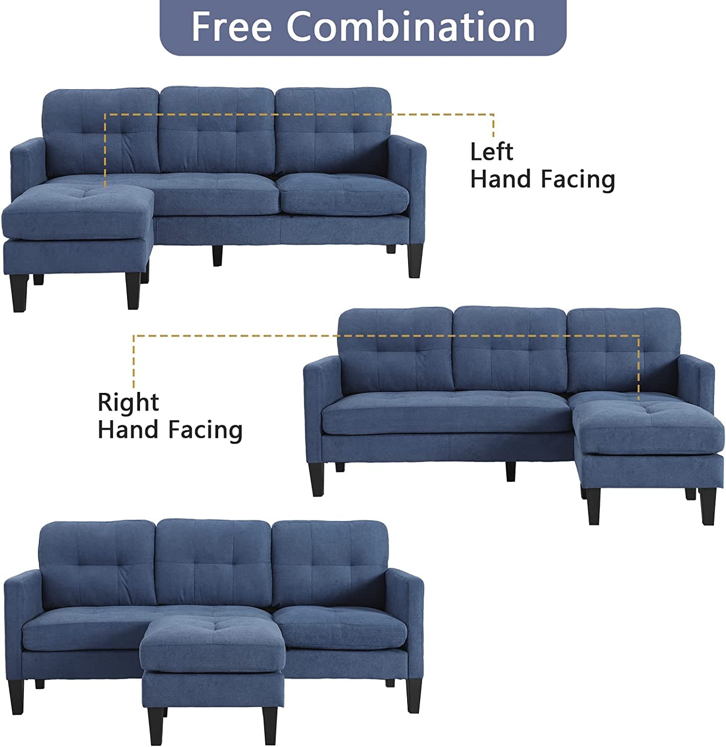 Grepatio Convertible Sectional Sofa - L-Shaped Modern Linen Fabric Couch for Small Spaces (Blue) | Perfect for Apartments, Living Rooms & Home Offices