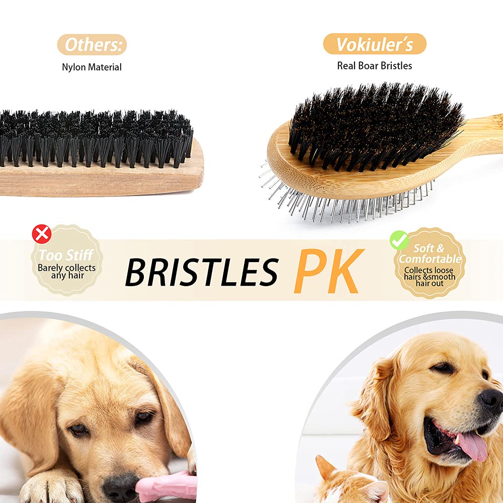 Vokiuler Double Sided Pet Brush - Boar Bristle & Pin Dog Brush for Grooming, Shedding Control for Long & Short Hair Cats & Dogs with Bamboo Handle (2 Pack, Black) - Perfect for Daily Brushing & Detangling at Home