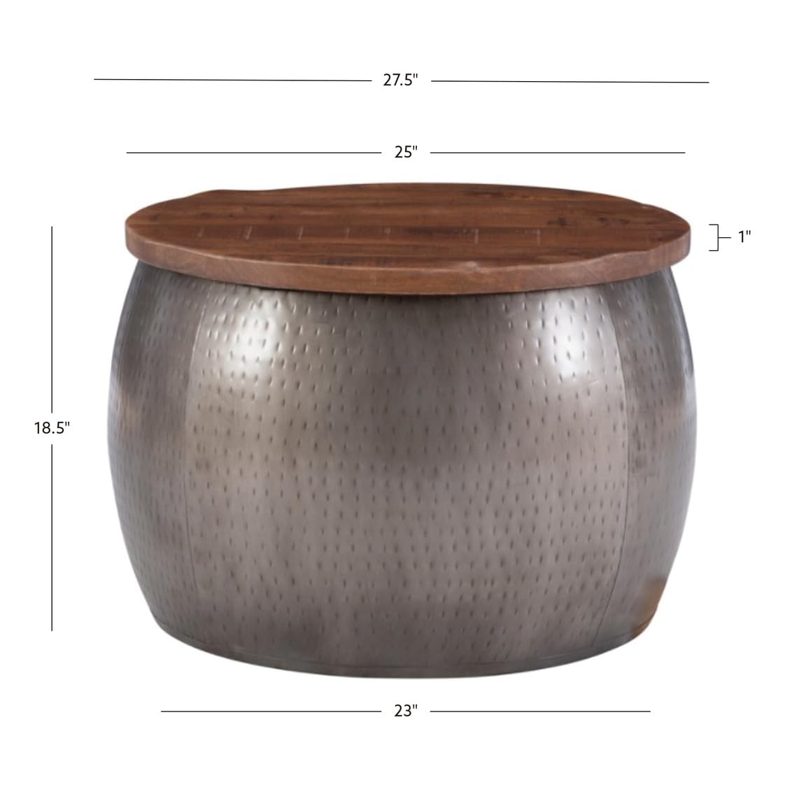 Powell Janice Small Silver Storage Drum Table - Stylish Side Table with Hidden Storage for Living Room, Bedroom, or Office