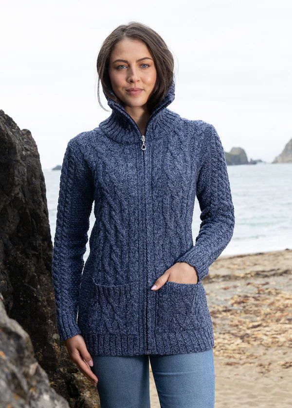 Aran Claddagh Zip Cardigan - Irish Knit Sweater for Women | Denim Marl | Cozy Winter Wear for Casual Outings & St. Patrick's Day