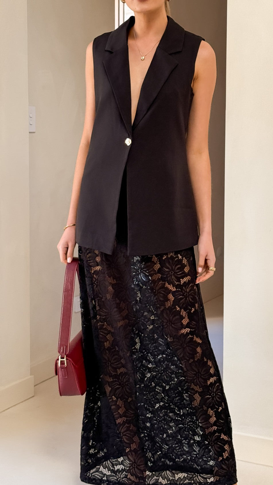 Indah Oversized Vest and Lace Maxi Skirt Set - Black | Women's Boho Chic Outfit for Casual Wear, Date Night & Special Occasions