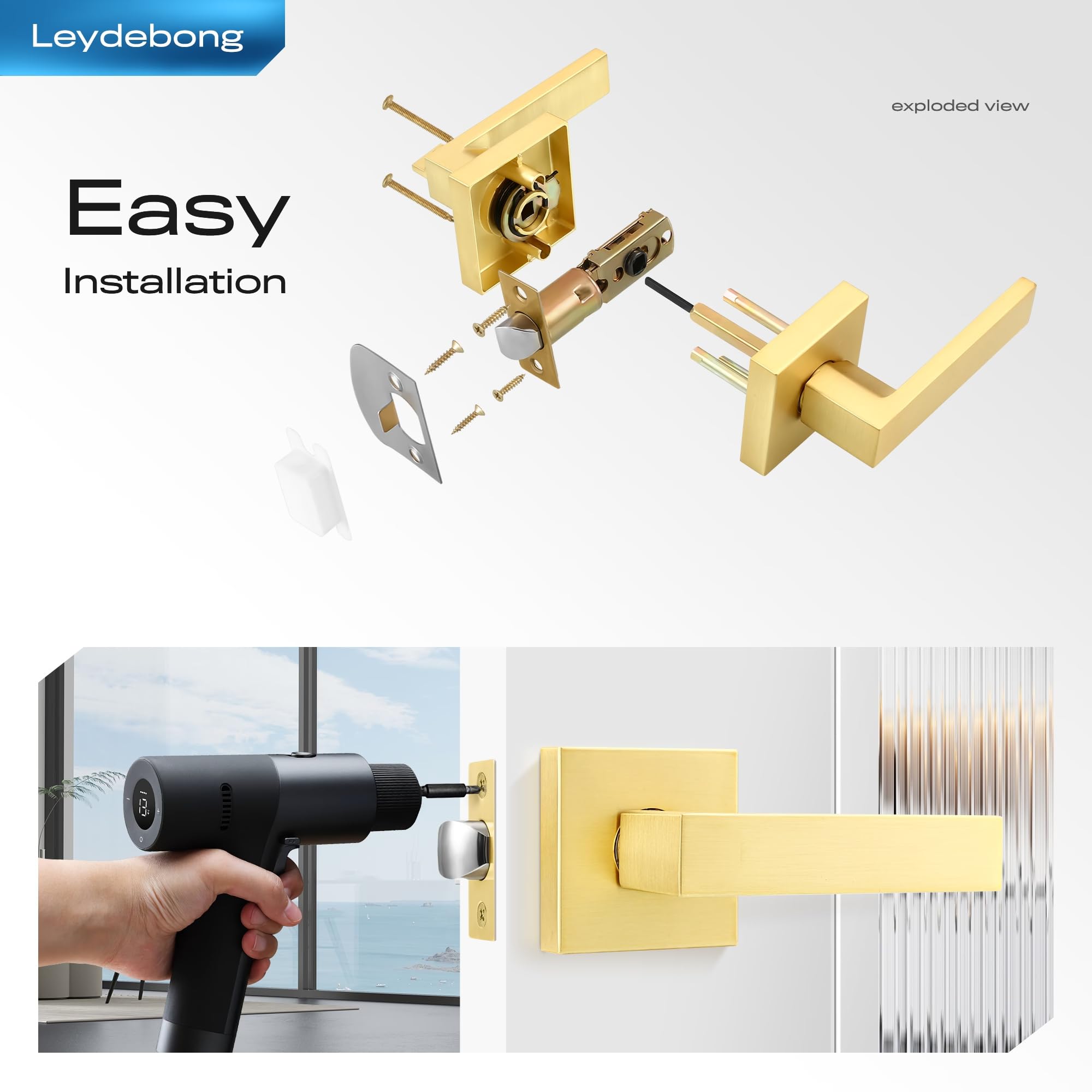 Leydebong 3 Pack Brushed Gold Keyless Interior Door Handles - Satin Brass Finish, Heavy Duty Lever Sets for Hallway, Closet & Bedroom Doors | Durable & Stylish Home Upgrade for Modern Interiors