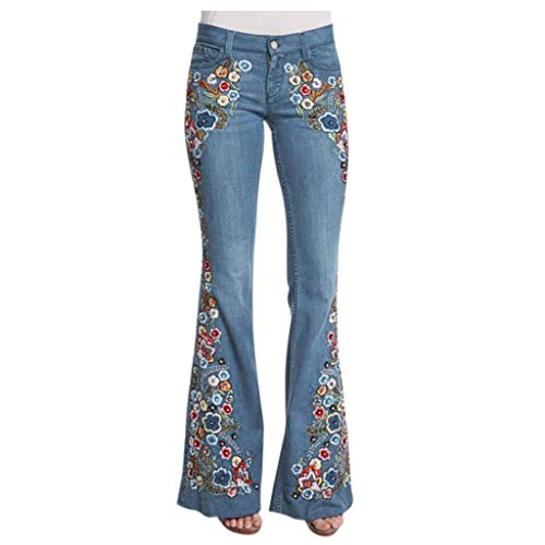 Women's High Waist Button Bell Embroidery Destroyed Flare Jeans - Stretch Denim Pants for Casual & Party Wear